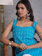 InWeave Cyan Blue Ikkat Kantha Kurta | Grocsy