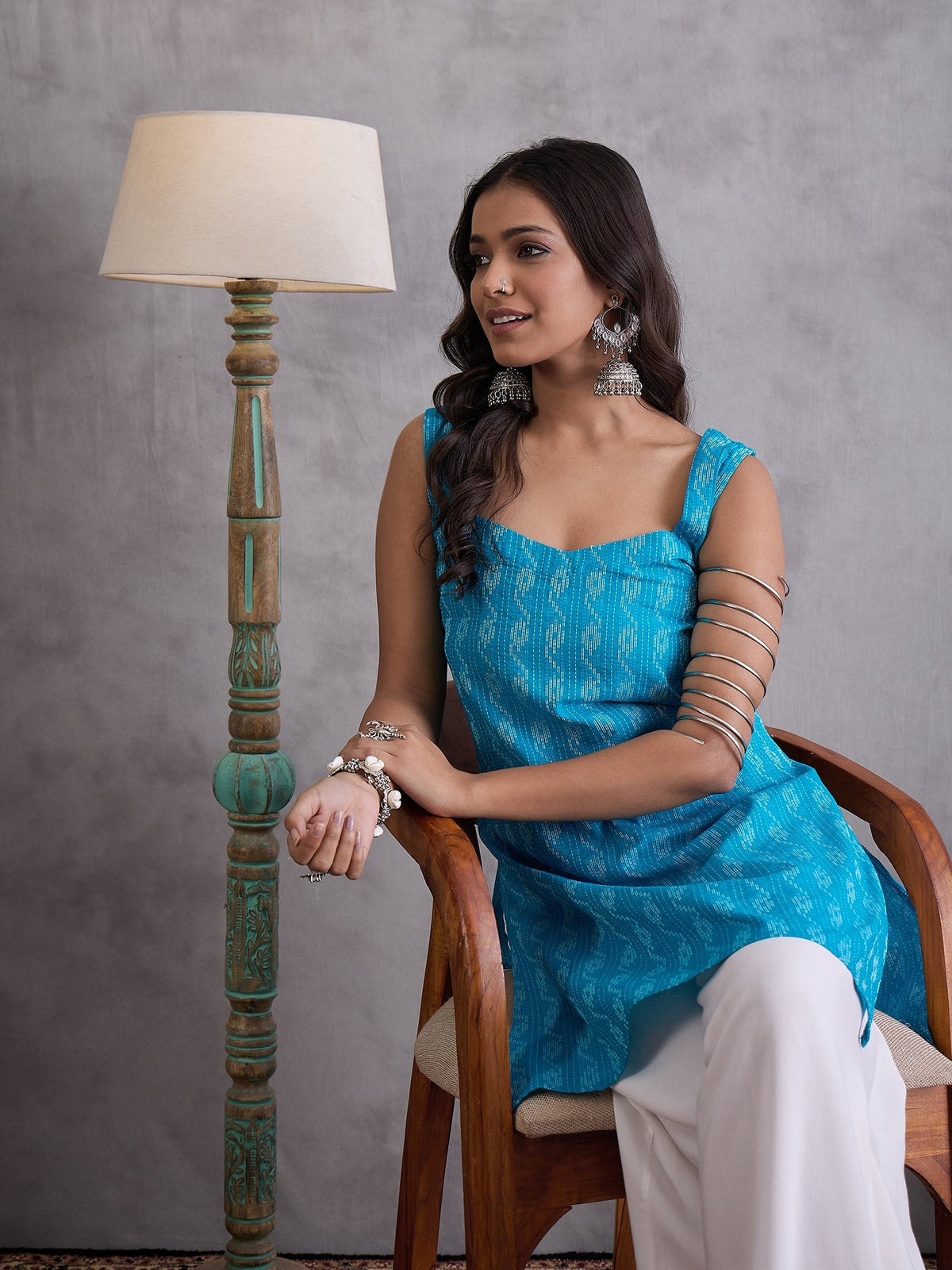 InWeave Cyan Blue Ikkat Kantha Kurta | Grocsy