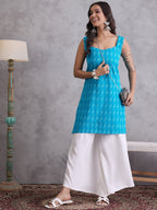 InWeave Cyan Blue Ikkat Kantha Kurta | Grocsy