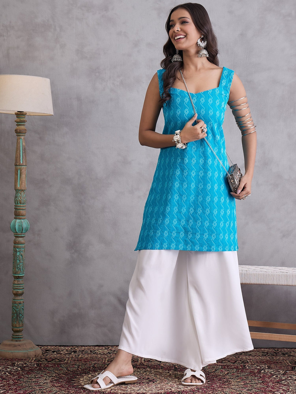 InWeave Cyan Blue Ikkat Kantha Kurta | Grocsy