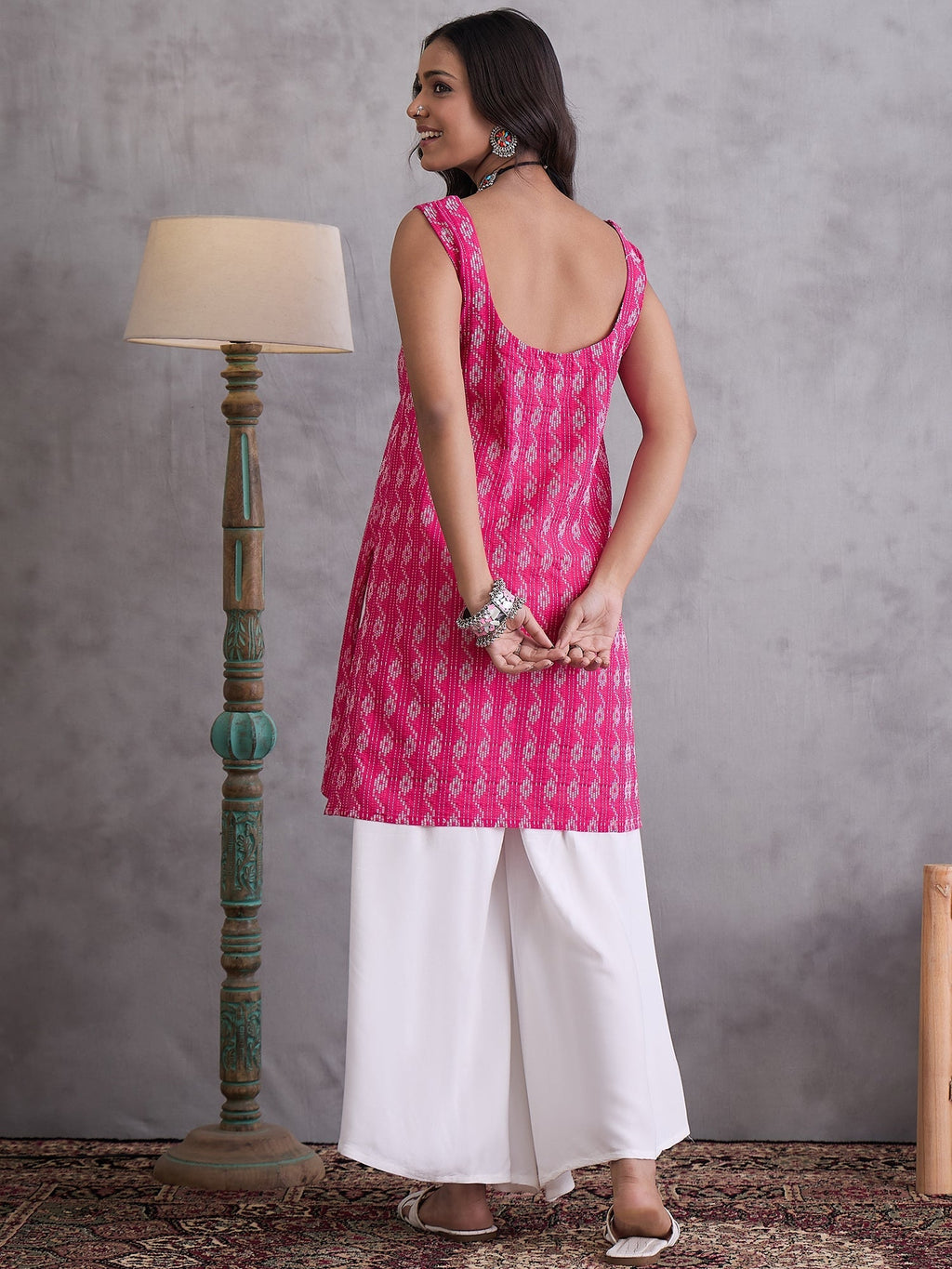 InWeave Fuchsia Ikkat Kantha Kurta | Grocsy