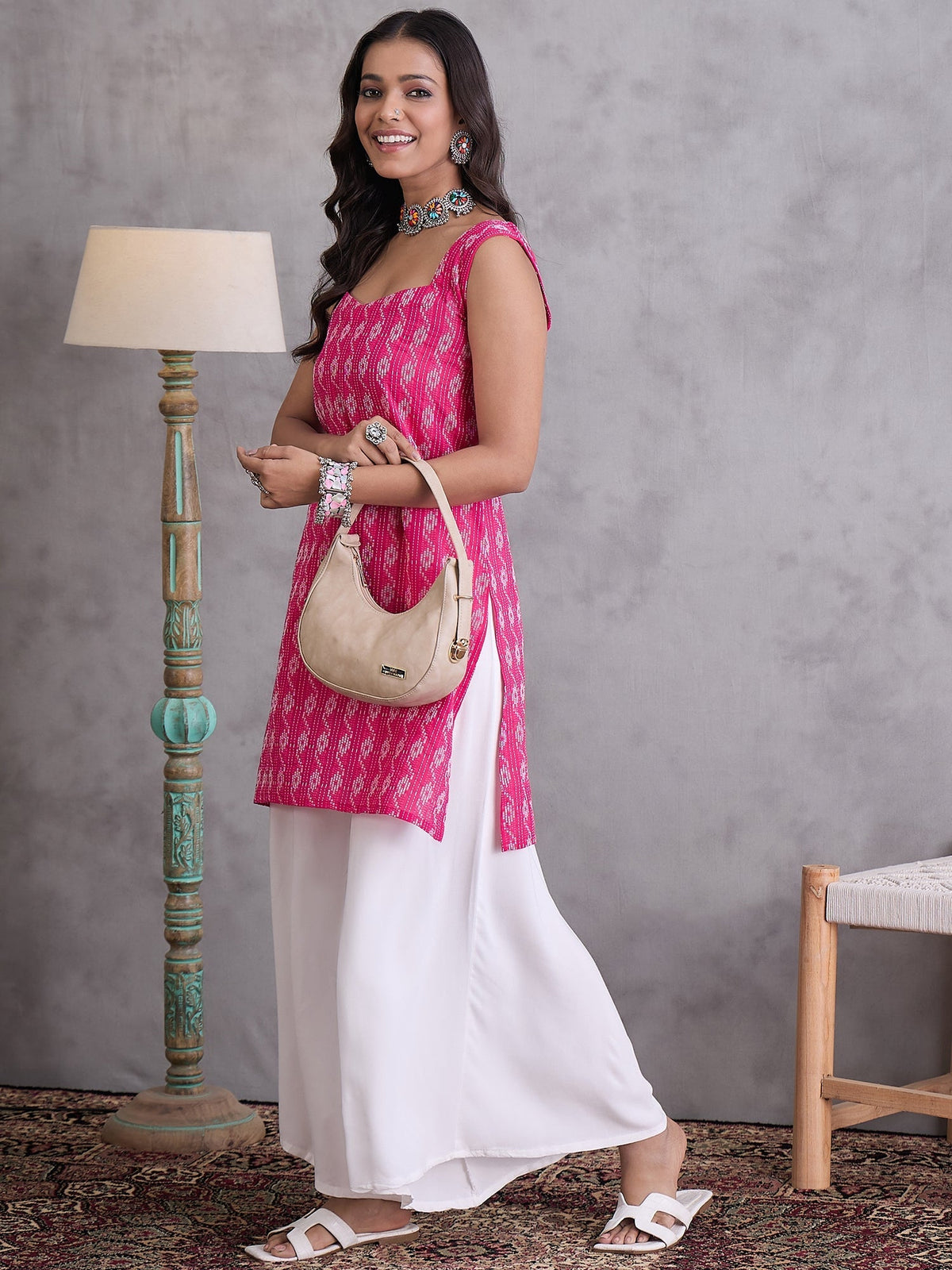 InWeave Fuchsia Ikkat Kantha Kurta | Grocsy
