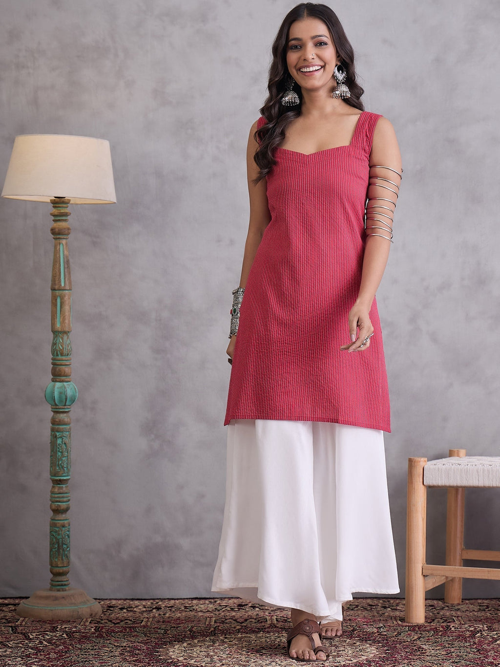 InWeave Maroon Kantha Striped Kurta | Grocsy