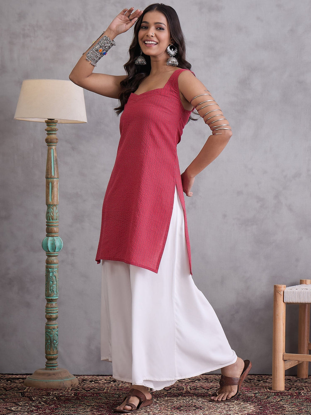 InWeave Maroon Kantha Striped Kurta | Grocsy
