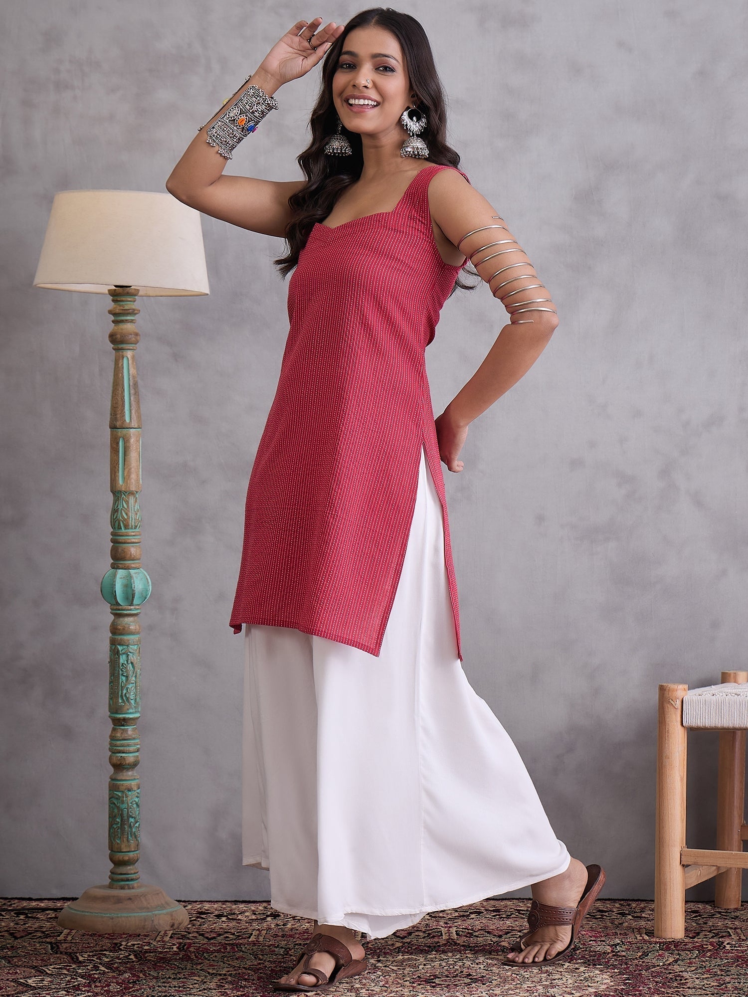 InWeave Maroon Kantha Striped Kurta | Grocsy