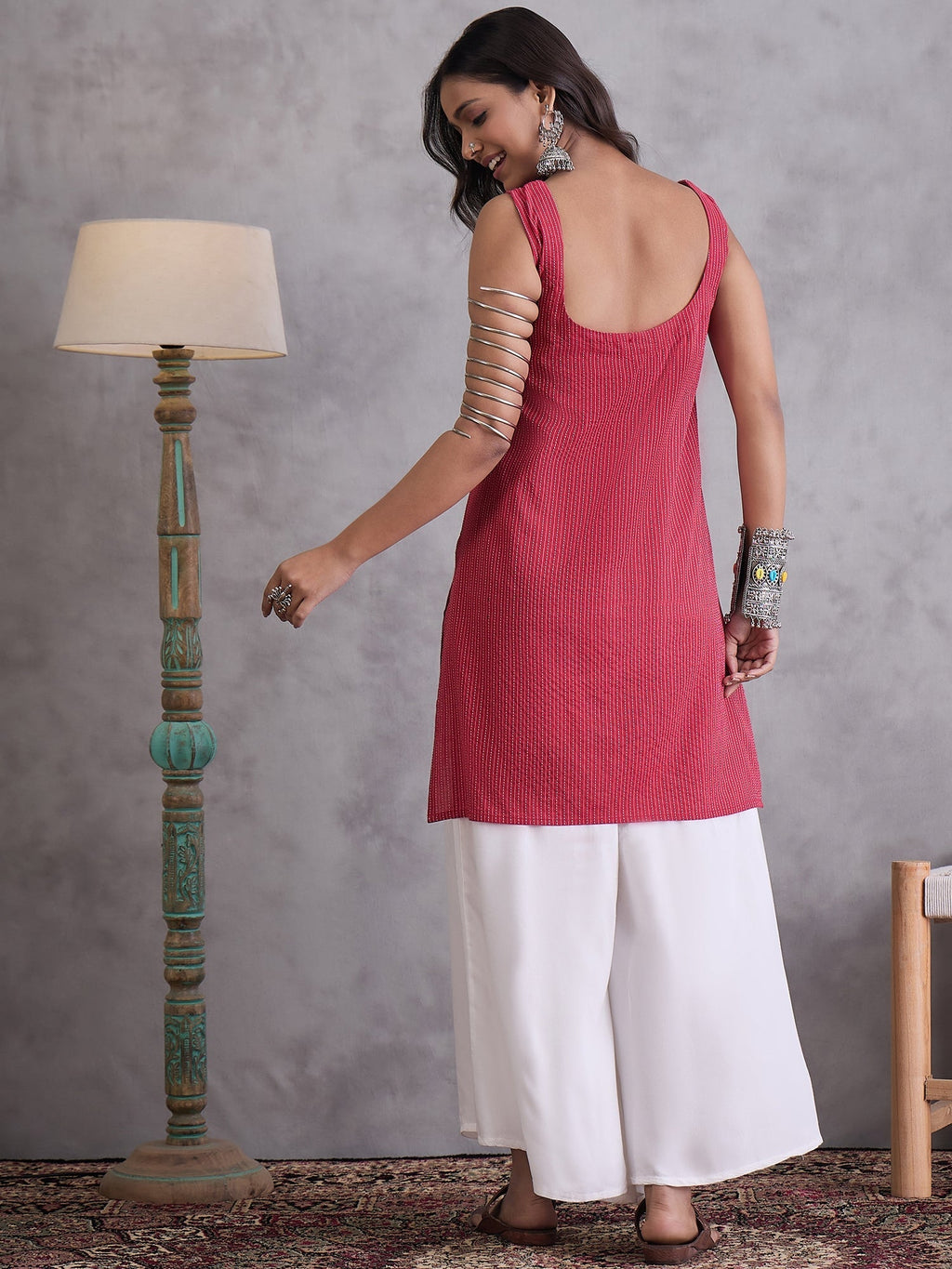 InWeave Maroon Kantha Striped Kurta | Grocsy