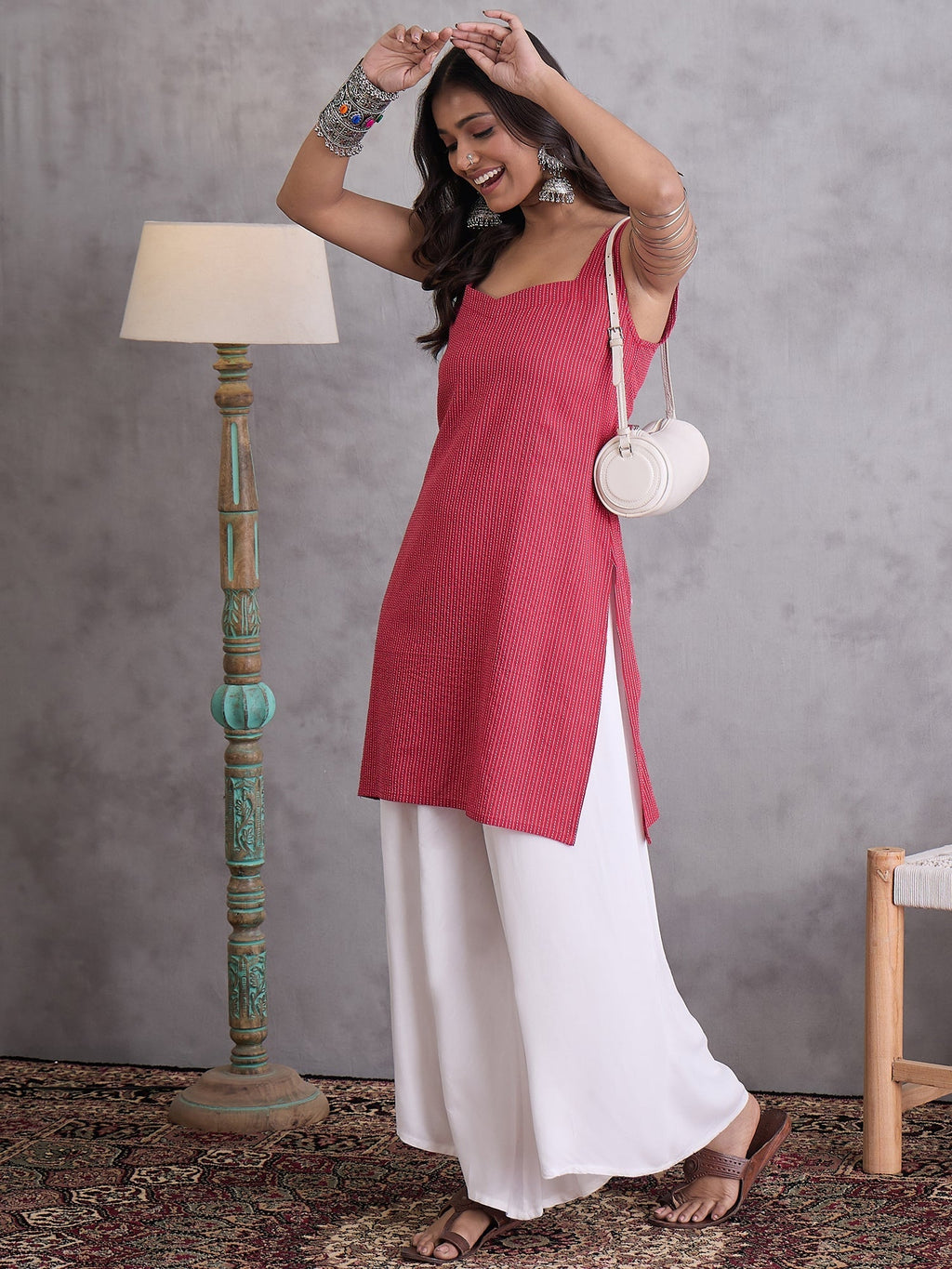 InWeave Maroon Kantha Striped Kurta | Grocsy