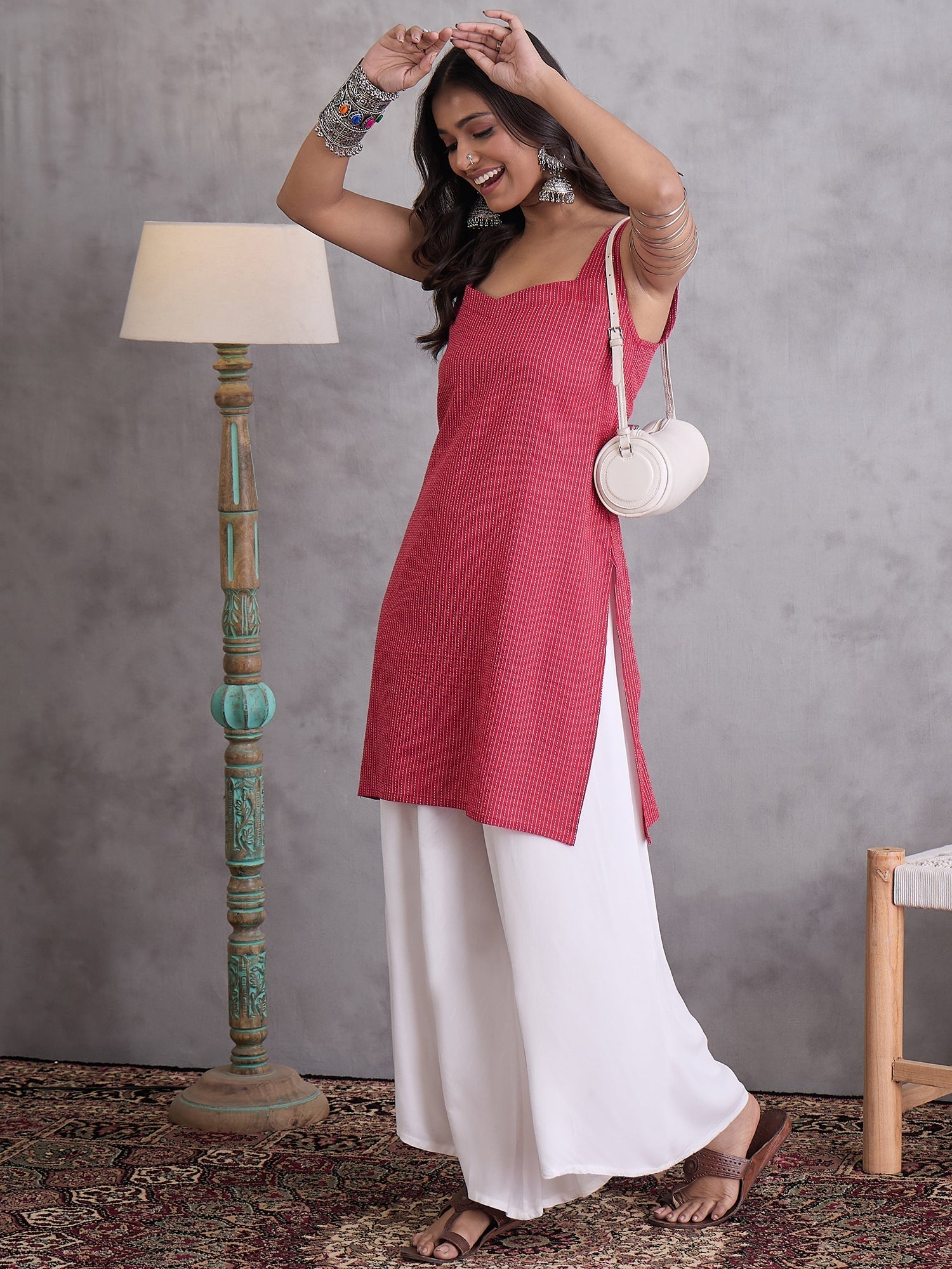InWeave Maroon Kantha Striped Kurta | Grocsy