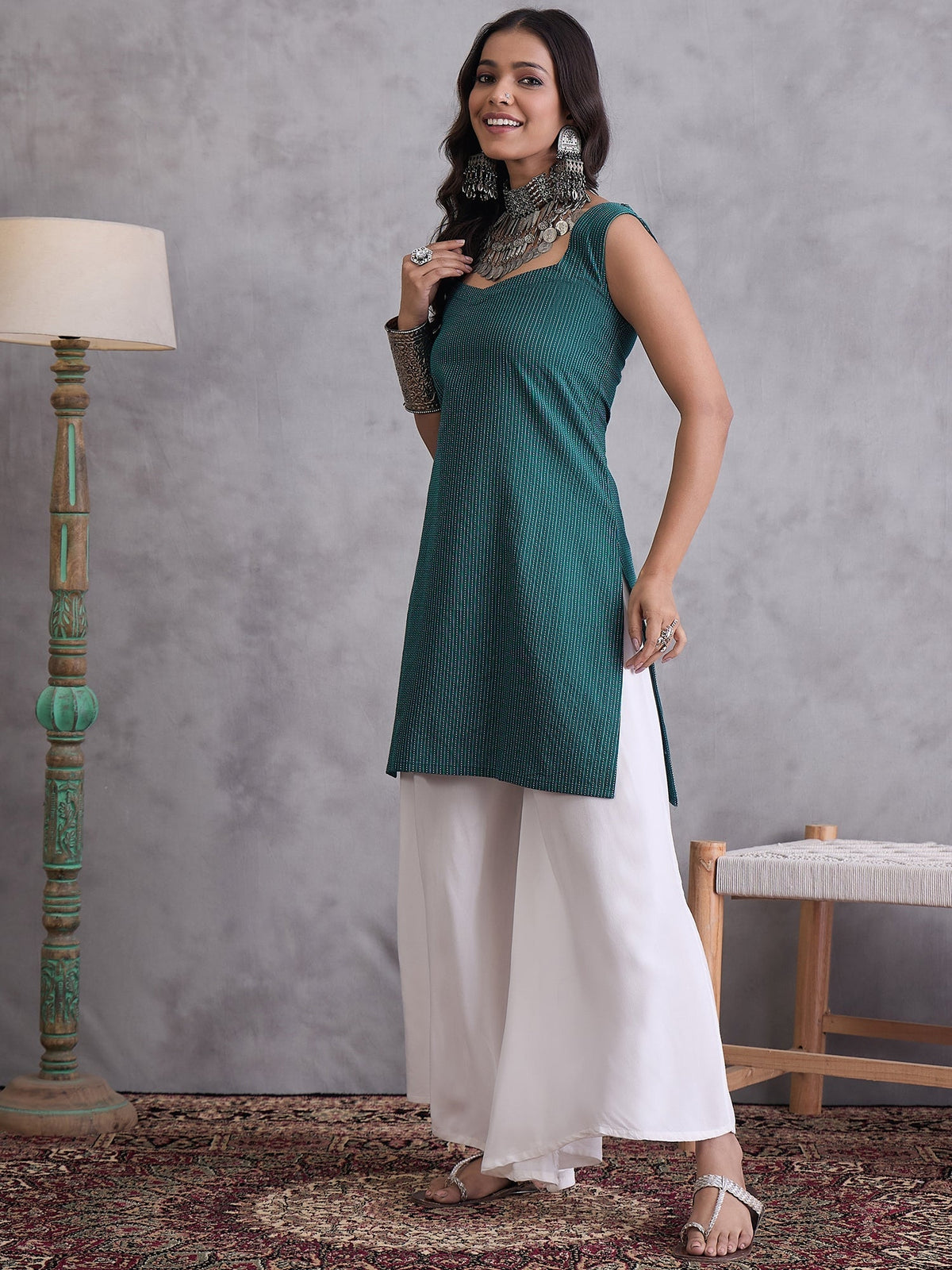 InWeave Emerald Green Kantha Striped Kurta | Grocsy
