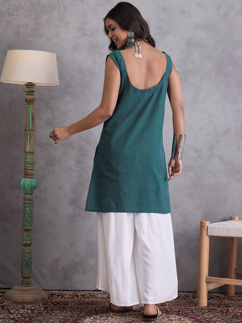 InWeave Emerald Green Kantha Striped Kurta | Grocsy