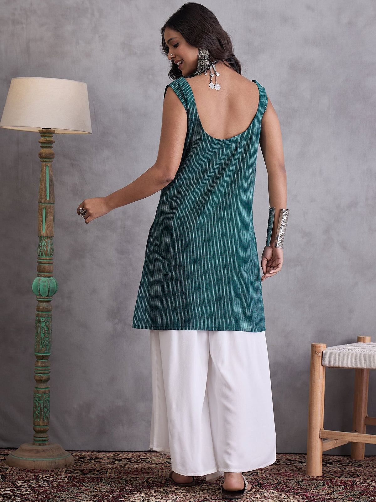 InWeave Emerald Green Kantha Striped Kurta | Grocsy