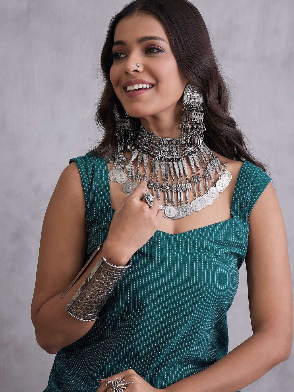 InWeave Emerald Green Kantha Striped Kurta | Grocsy