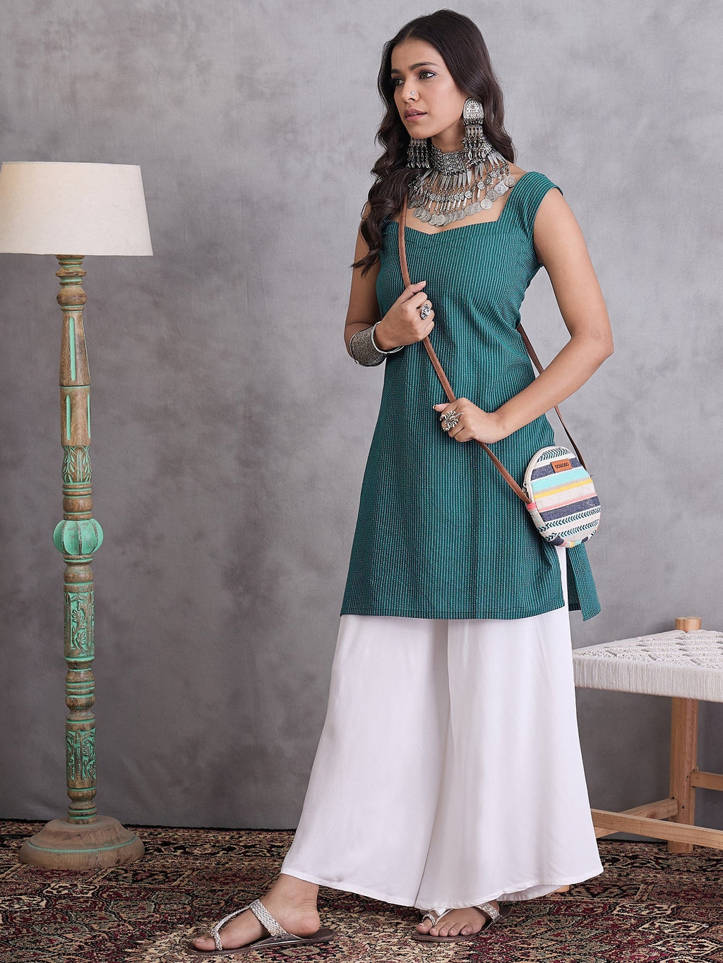 InWeave Emerald Green Kantha Striped Kurta | Grocsy
