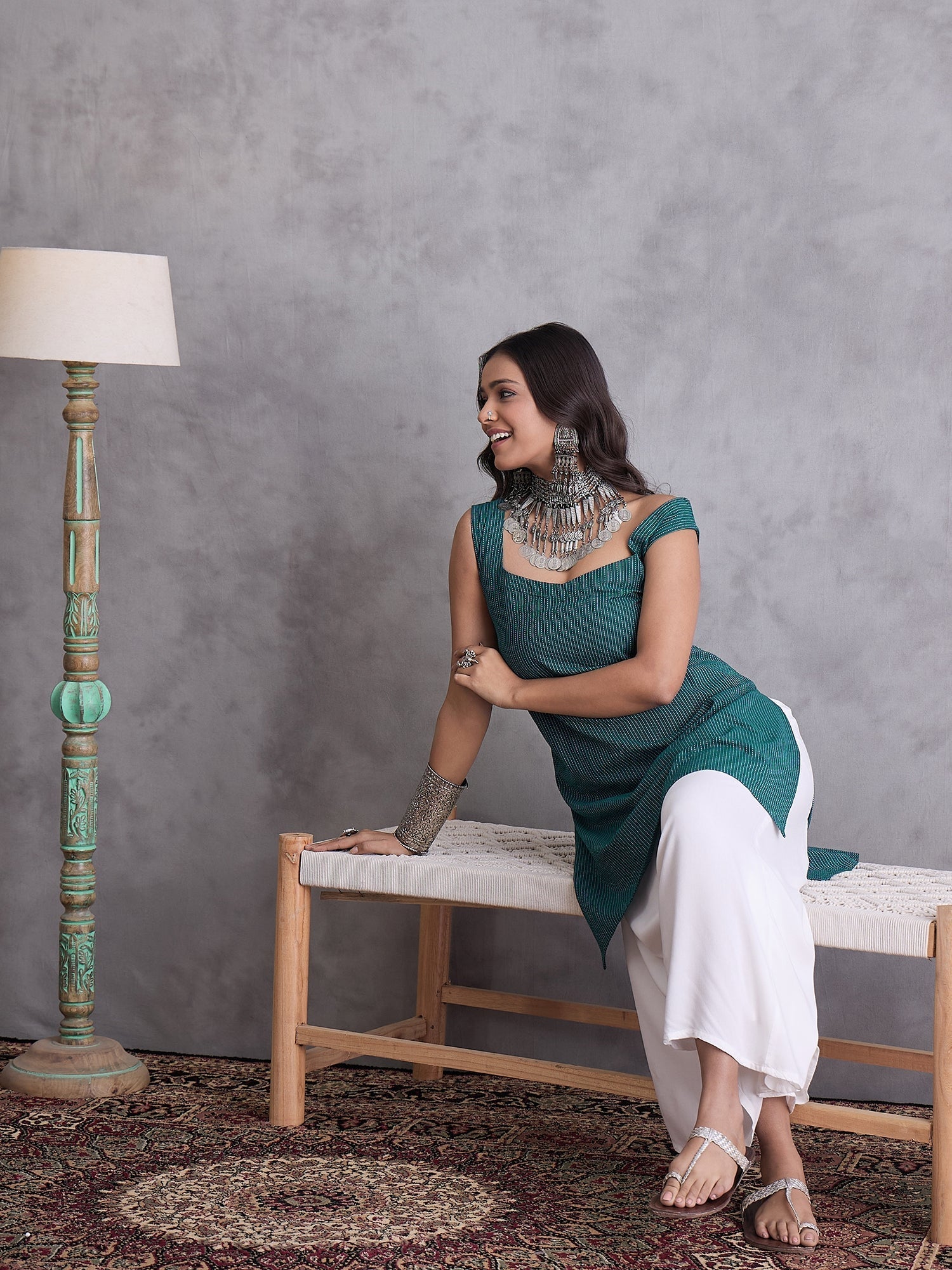InWeave Emerald Green Kantha Striped Kurta | Grocsy