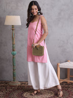 InWeave Pink Kantha Striped Kurta | Grocsy