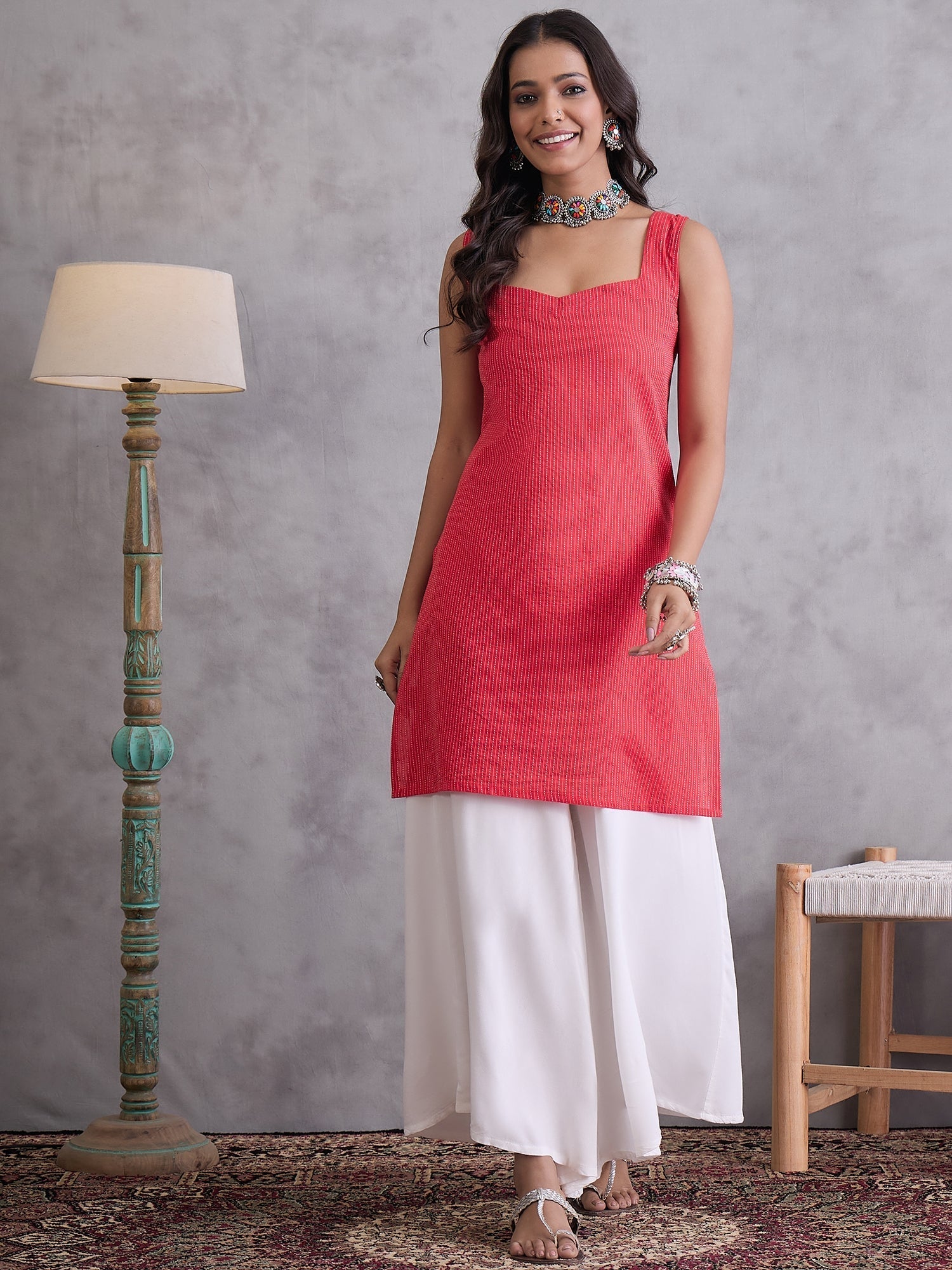 InWeave Red Kantha Striped Kurta | Grocsy