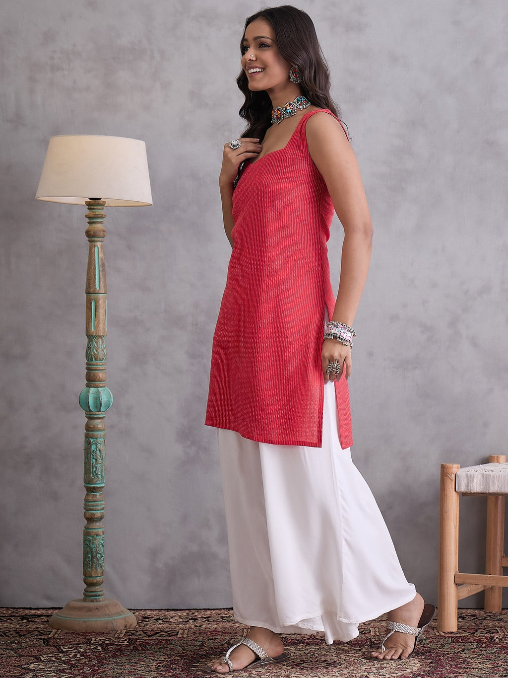 InWeave Red Kantha Striped Kurta | Grocsy