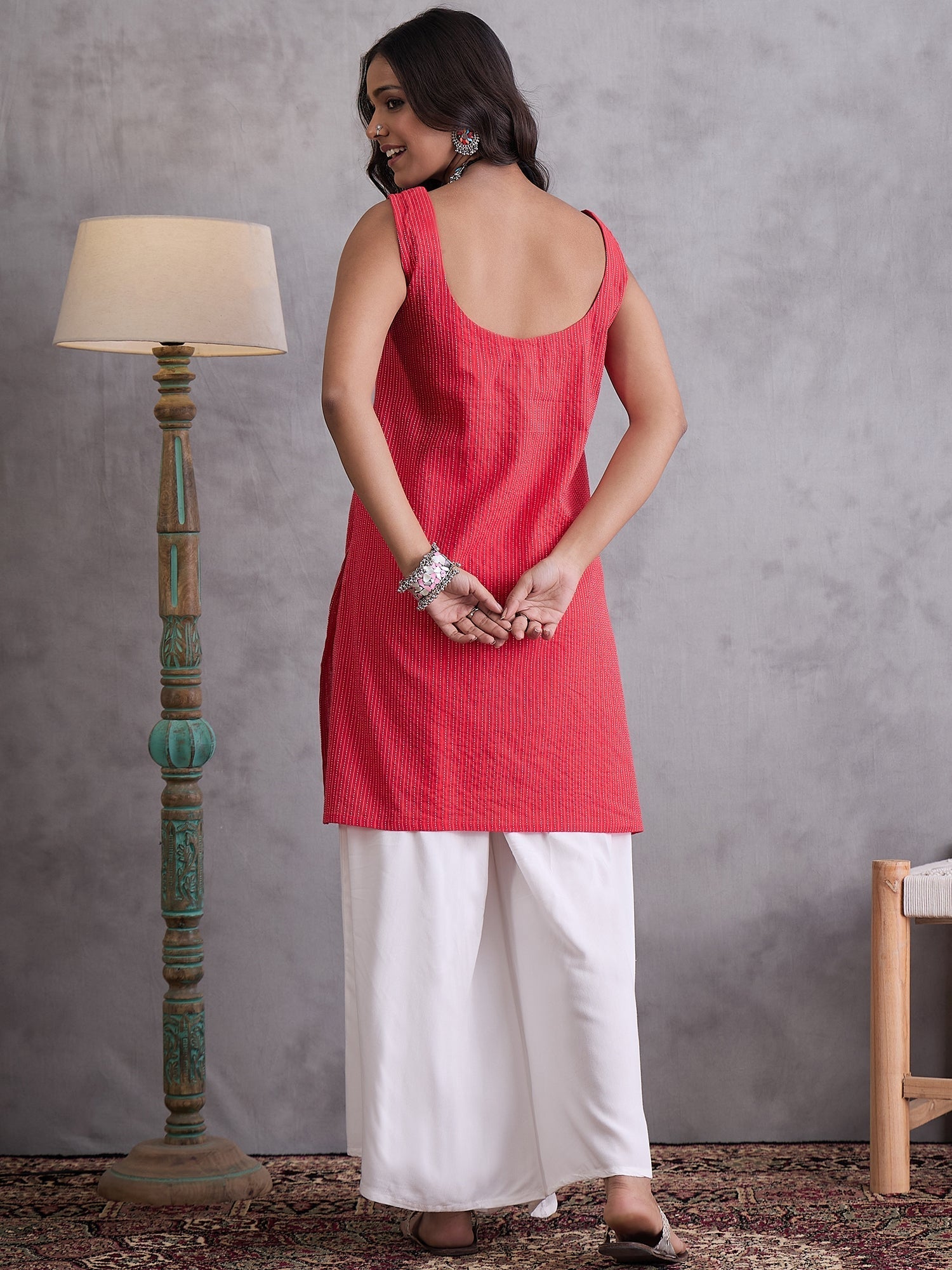 InWeave Red Kantha Striped Kurta | Grocsy