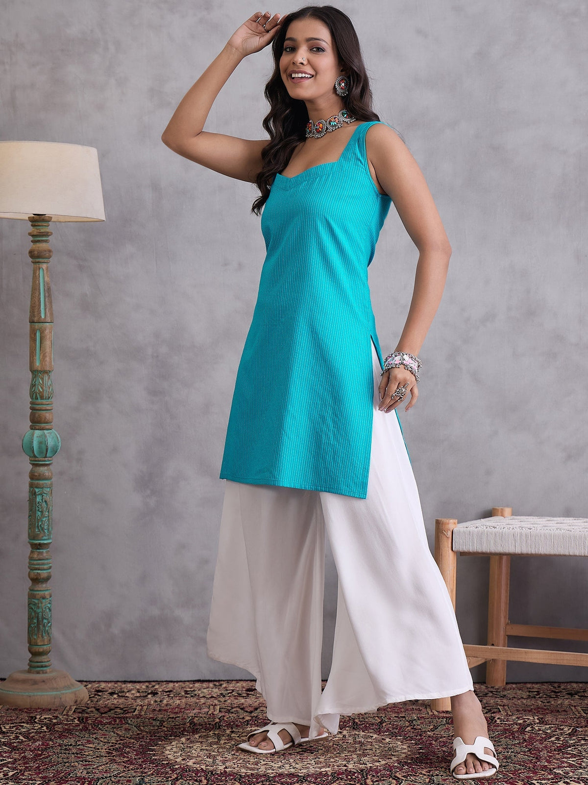 InWeave Cyan Blue Kantha Striped Kurta | Grocsy
