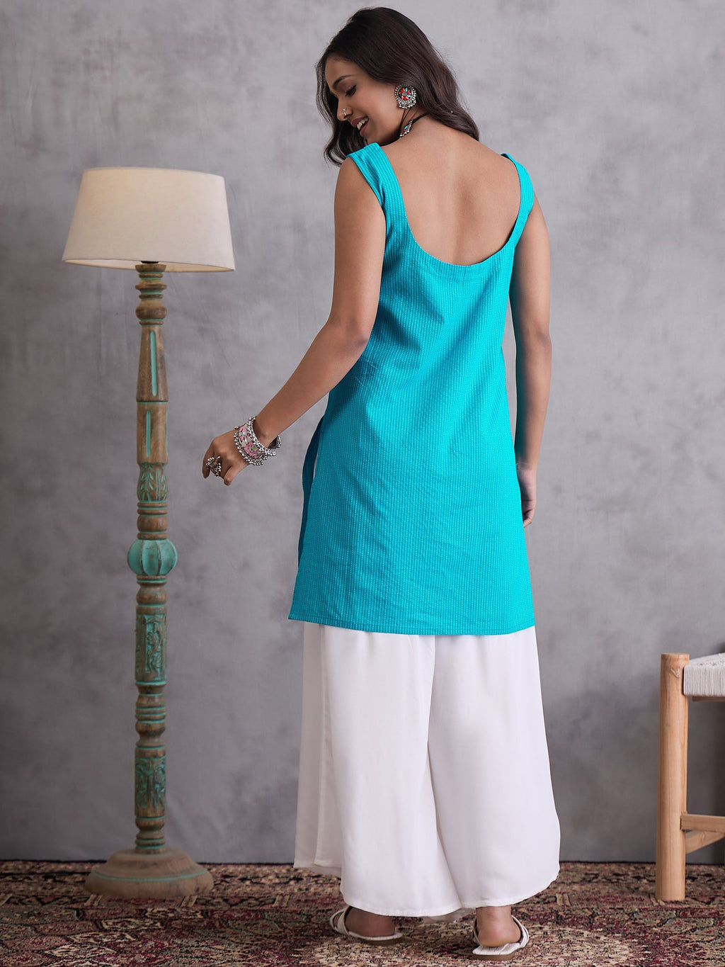 InWeave Cyan Blue Kantha Striped Kurta | Grocsy
