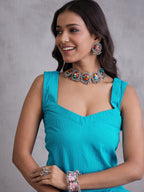 InWeave Cyan Blue Kantha Striped Kurta | Grocsy