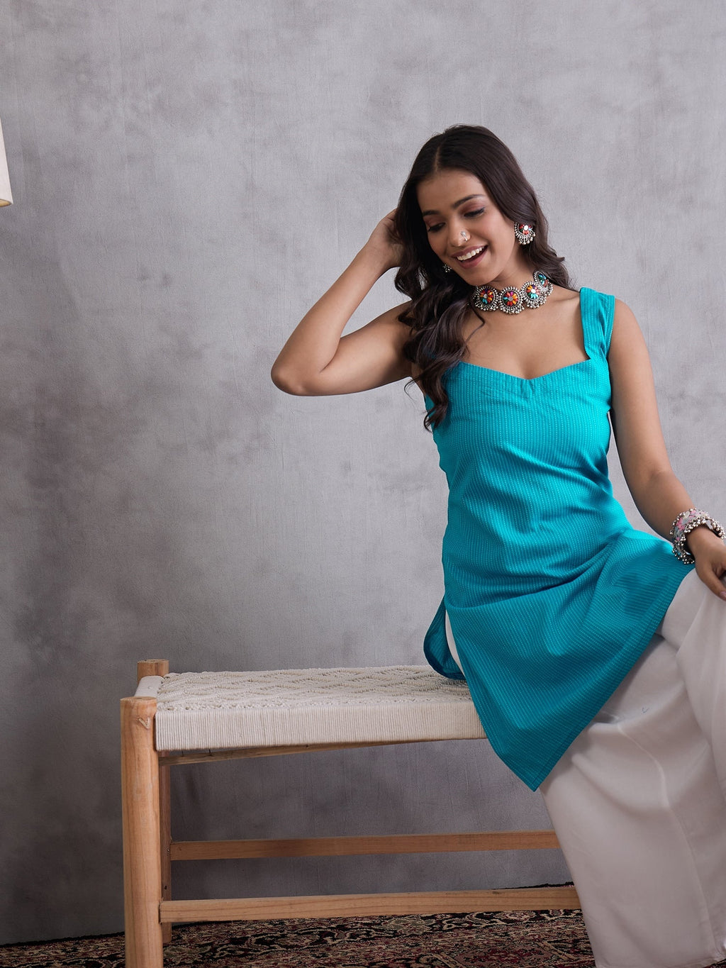 InWeave Cyan Blue Kantha Striped Kurta | Grocsy