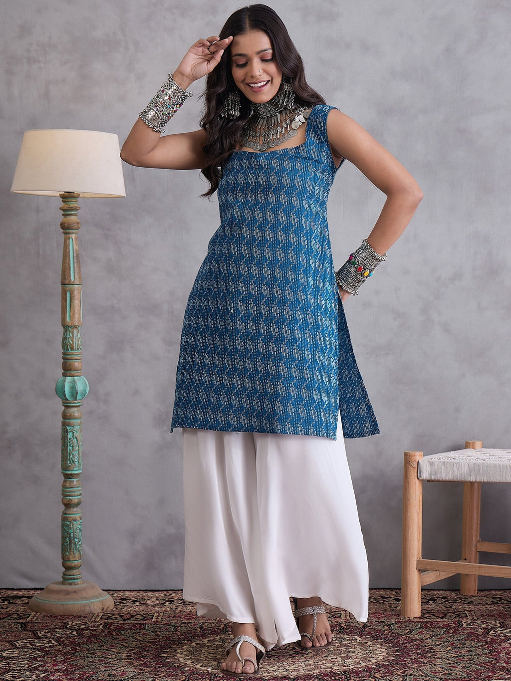 InWeave Blue Ikkat Kantha Kurta | Grocsy