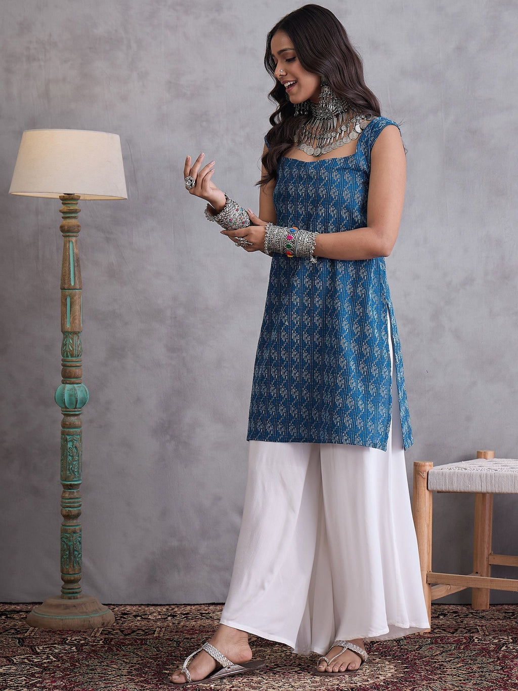InWeave Blue Ikkat Kantha Kurta | Grocsy