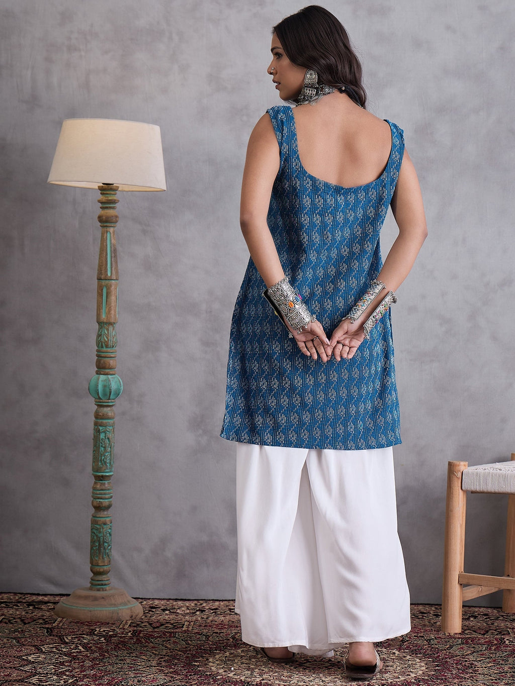 InWeave Blue Ikkat Kantha Kurta | Grocsy