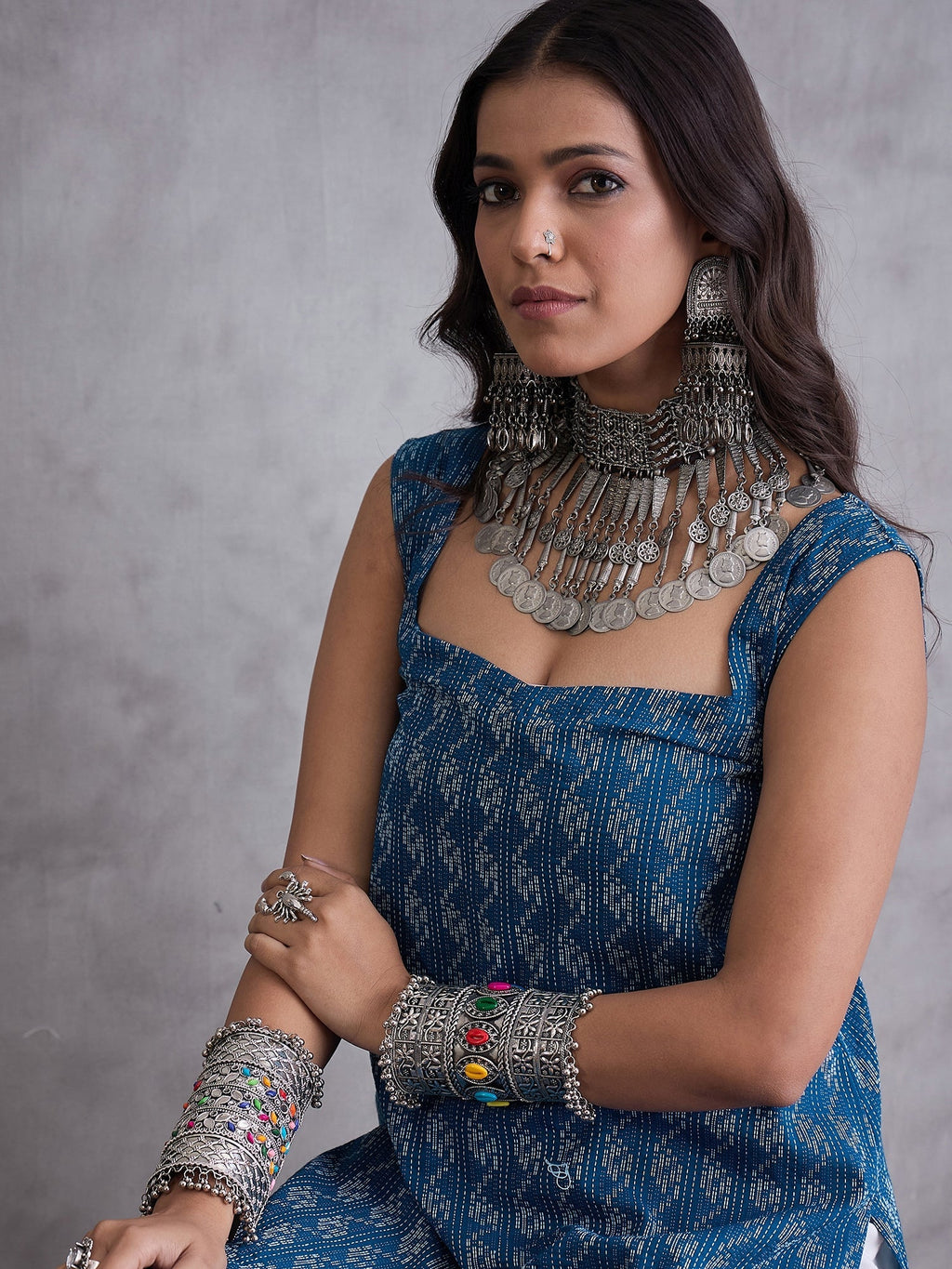InWeave Blue Ikkat Kantha Kurta | Grocsy