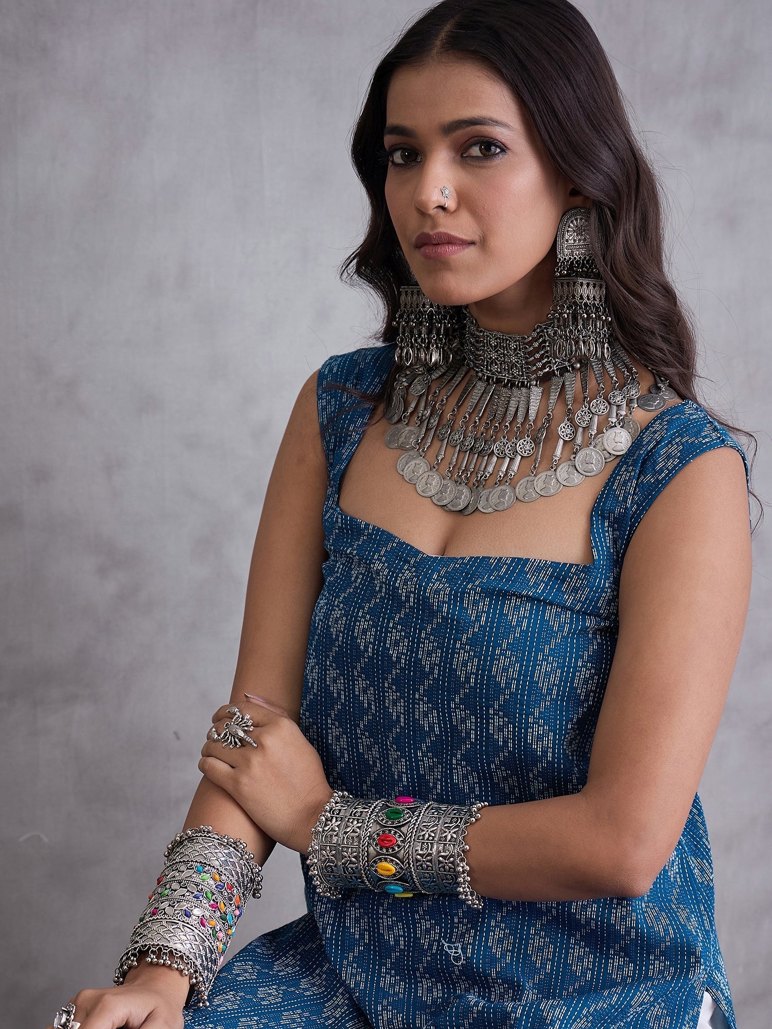 InWeave Blue Ikkat Kantha Kurta | Grocsy