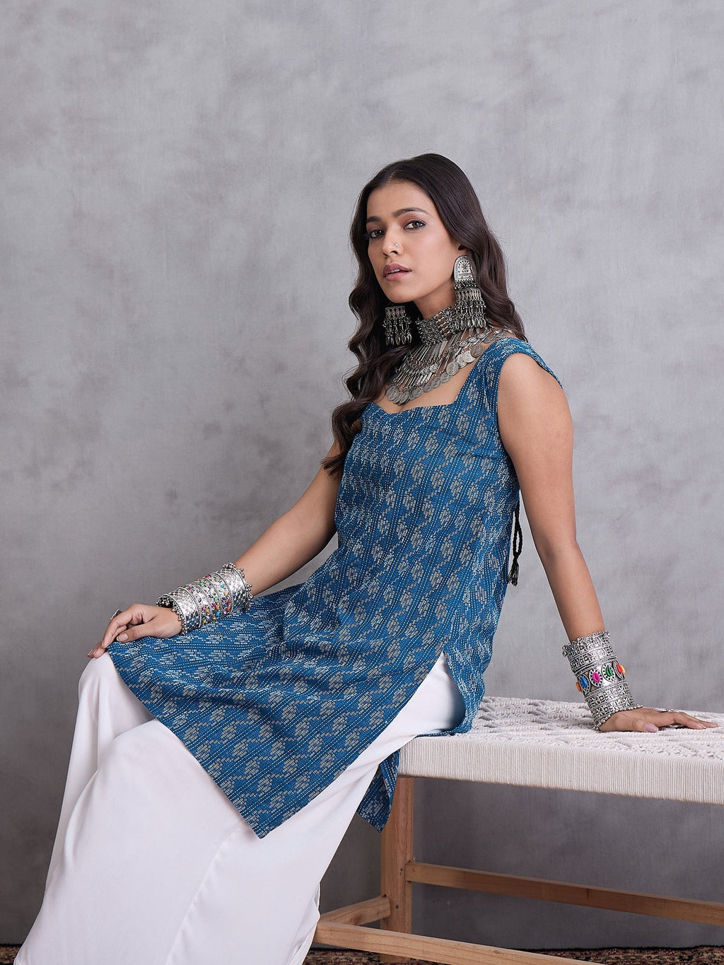 InWeave Blue Ikkat Kantha Kurta | Grocsy