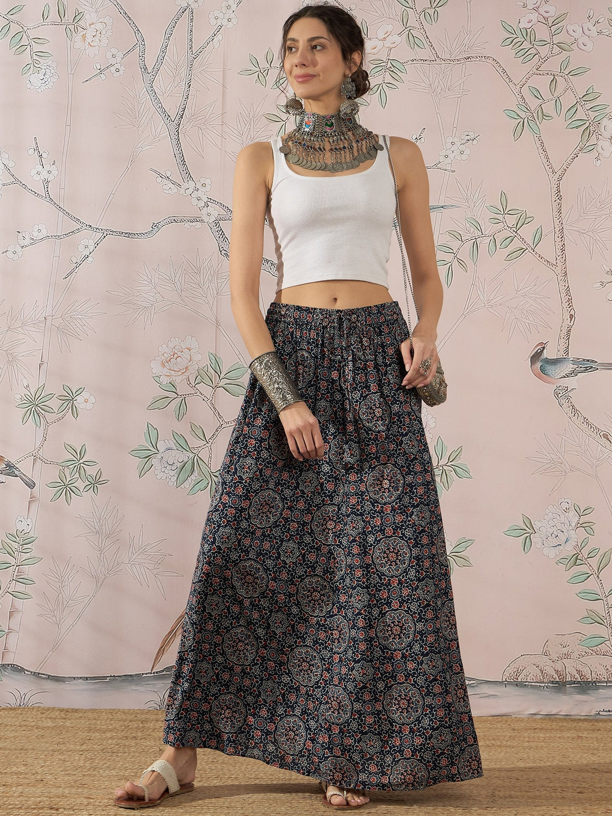 InWeave Navy Maroon Ajrakh Fr Skirt | Grocsy