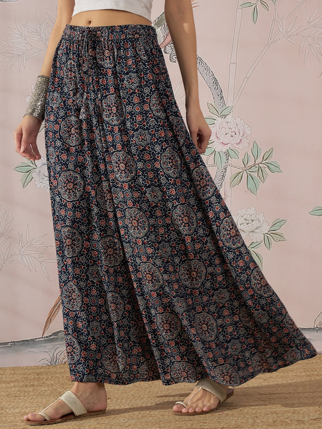 InWeave Navy Maroon Ajrakh Fr Skirt | Grocsy