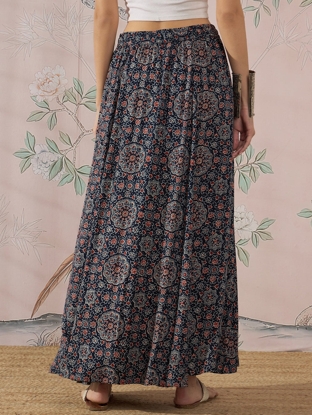 InWeave Navy Maroon Ajrakh Fr Skirt | Grocsy