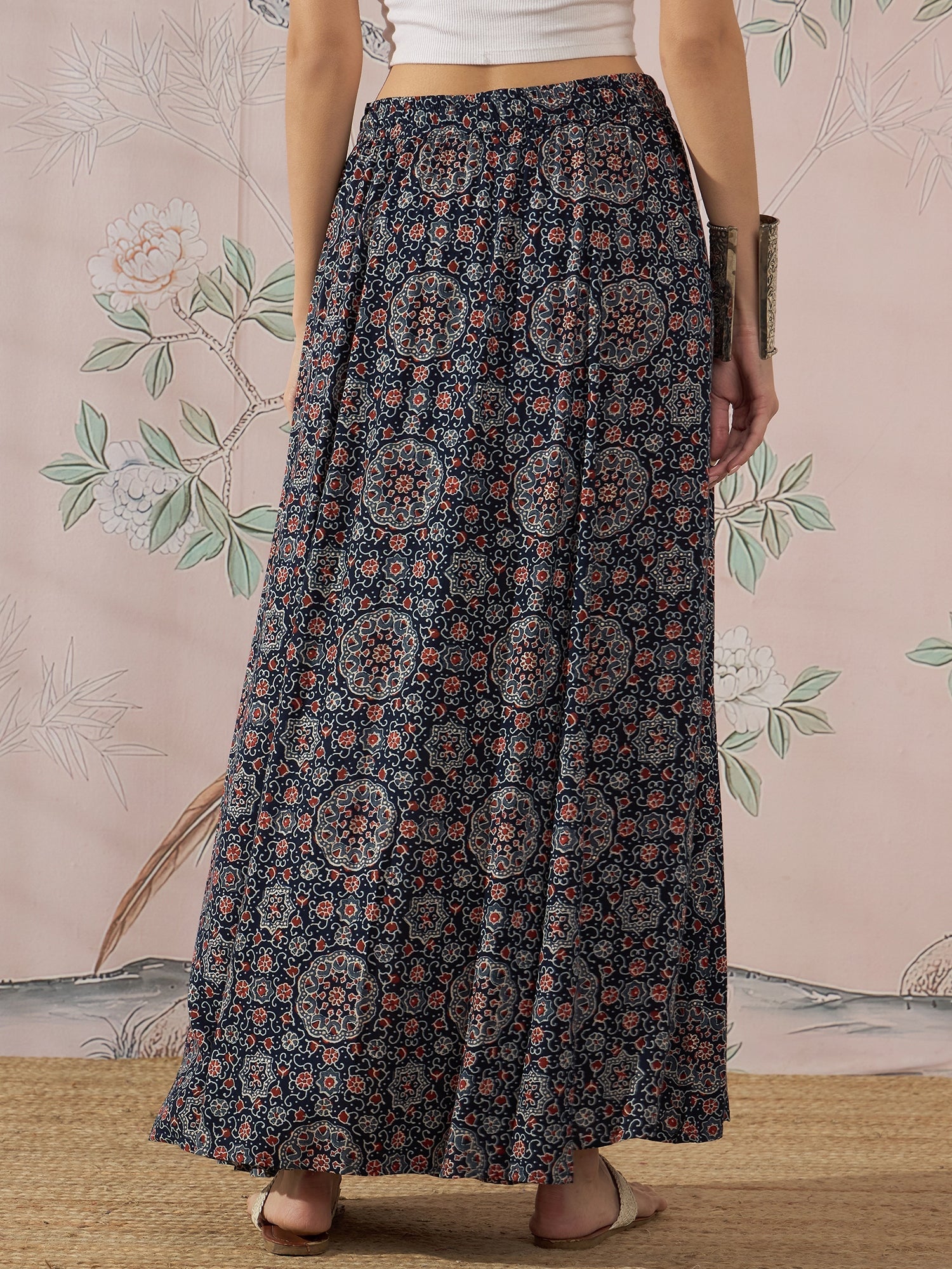 InWeave Navy Maroon Ajrakh Fr Skirt | Grocsy