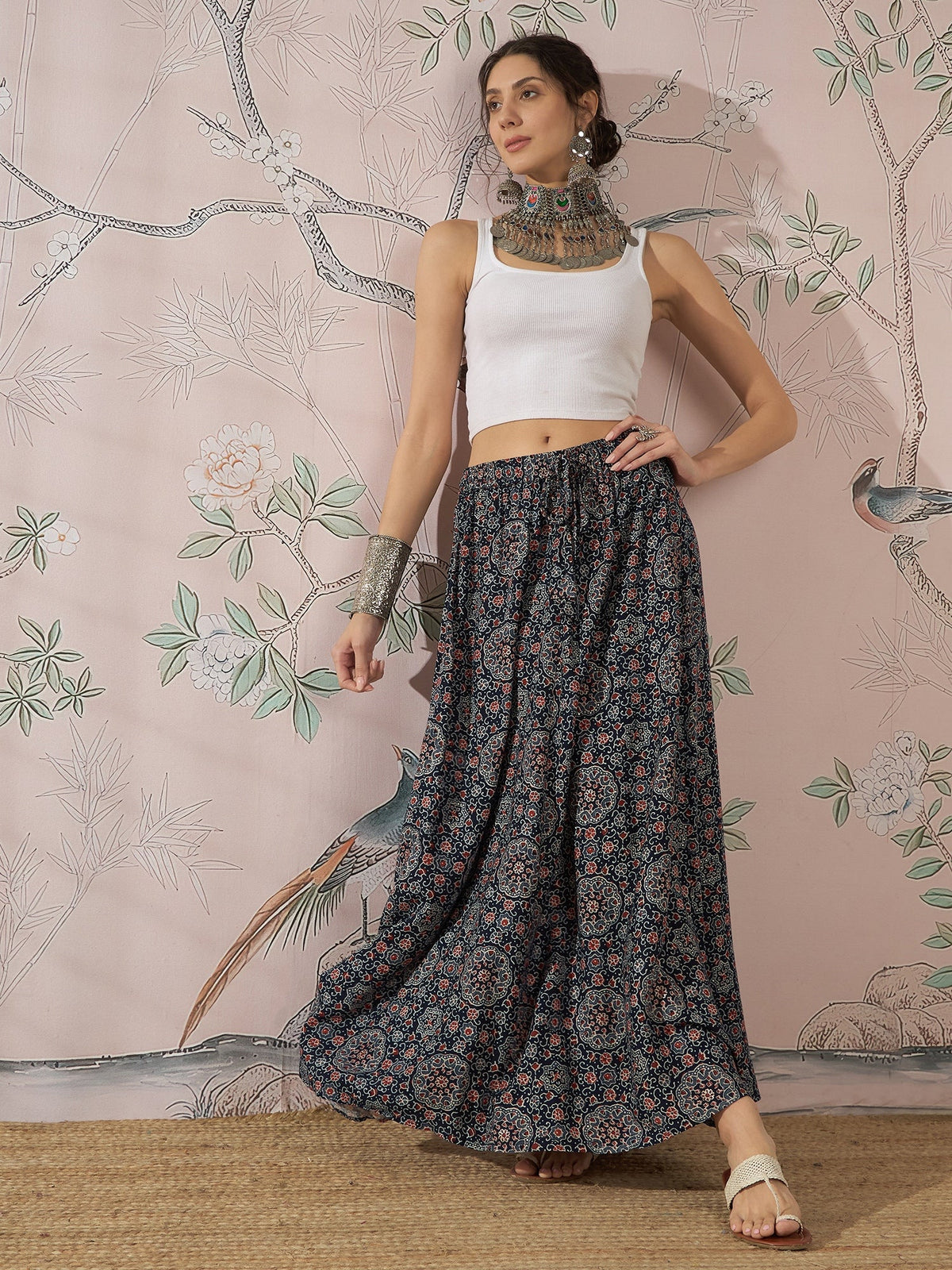 InWeave Navy Maroon Ajrakh Fr Skirt | Grocsy