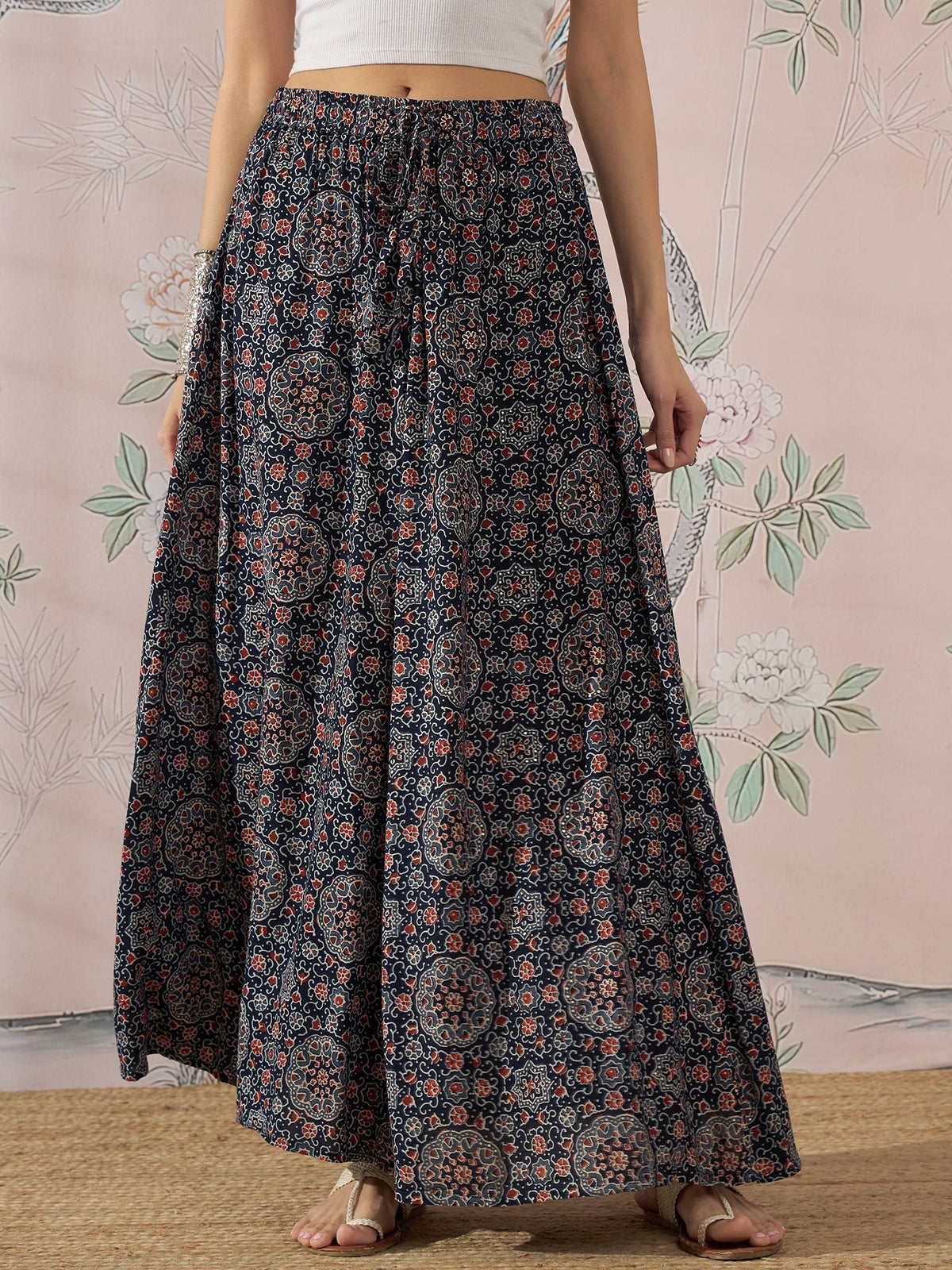 InWeave Navy Maroon Ajrakh Fr Skirt | Grocsy
