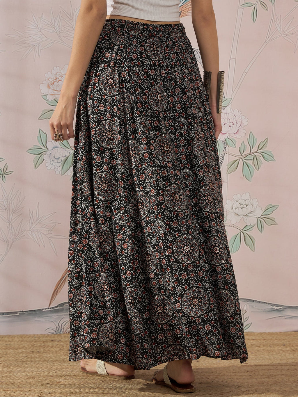InWeave Black Maroon Ajrakh Fr Skirt | Grocsy