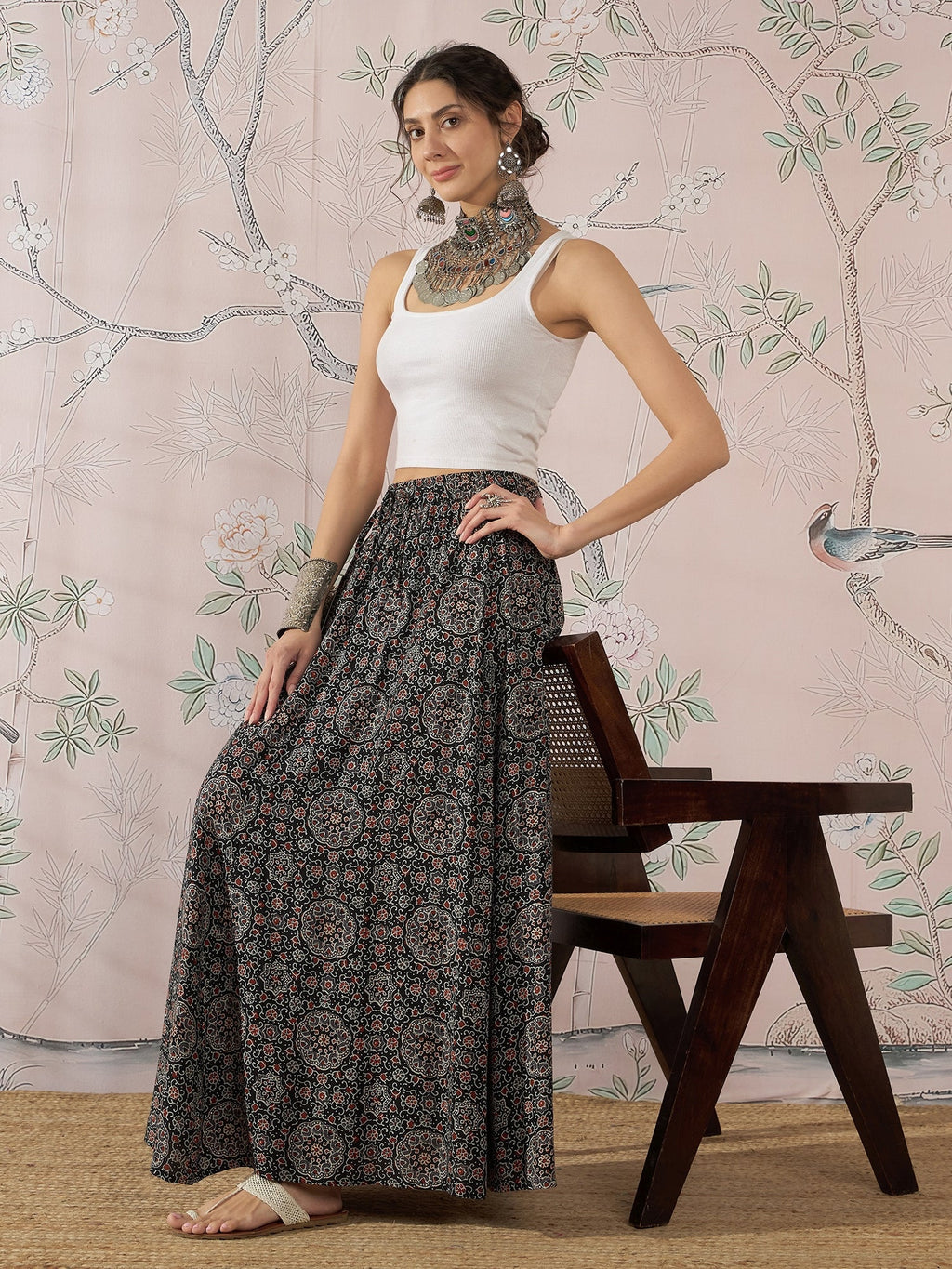 InWeave Black Maroon Ajrakh Fr Skirt | Grocsy