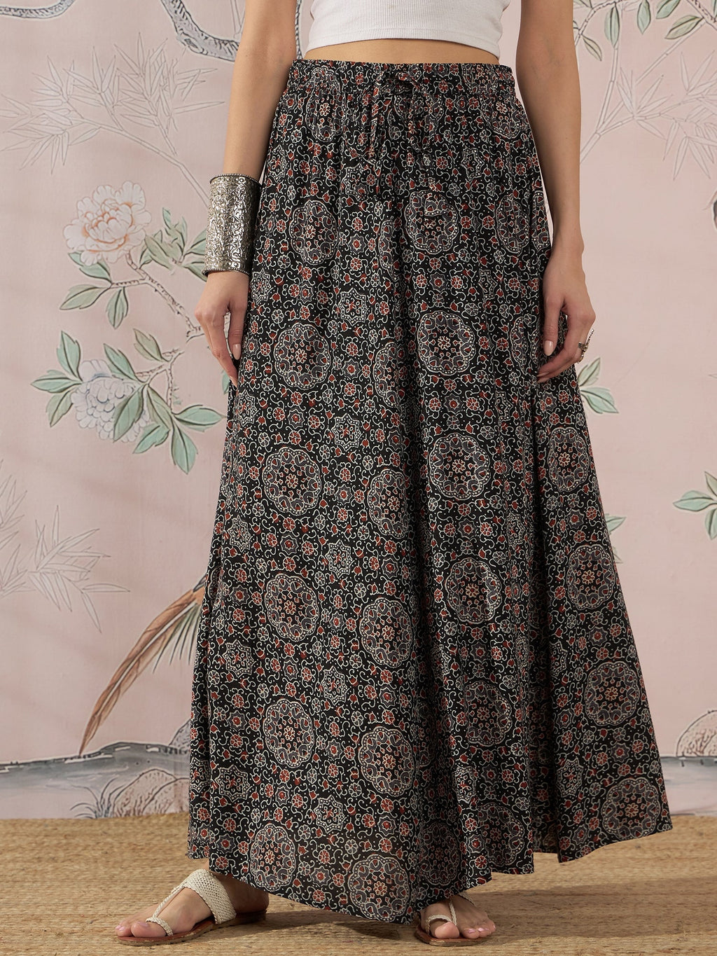 InWeave Black Maroon Ajrakh Fr Skirt | Grocsy
