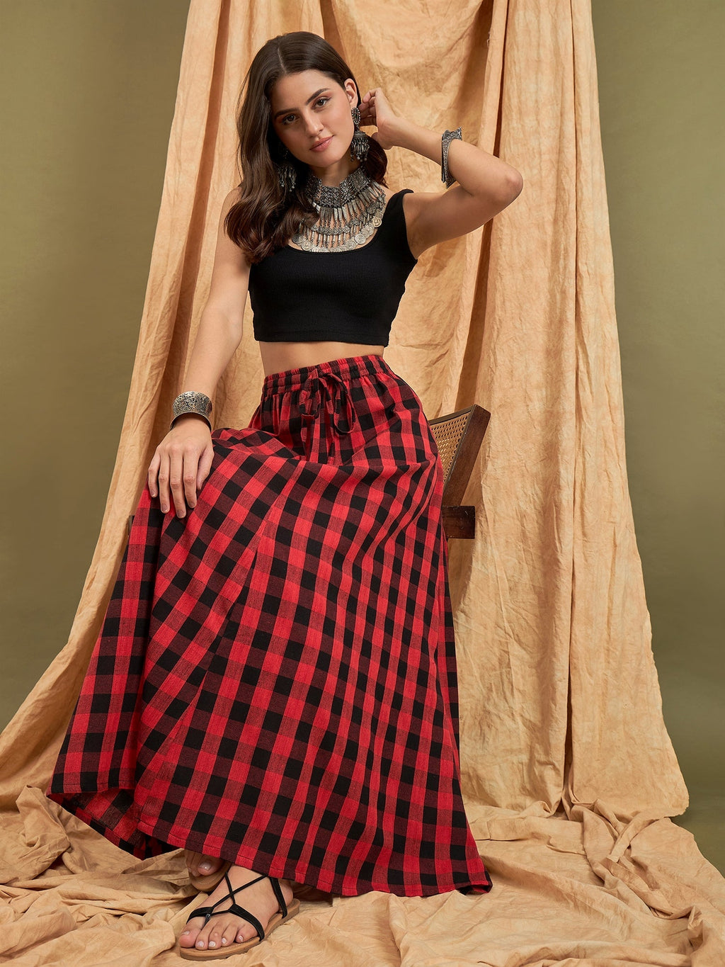 InWeave Black Red Check Skirt | Grocsy