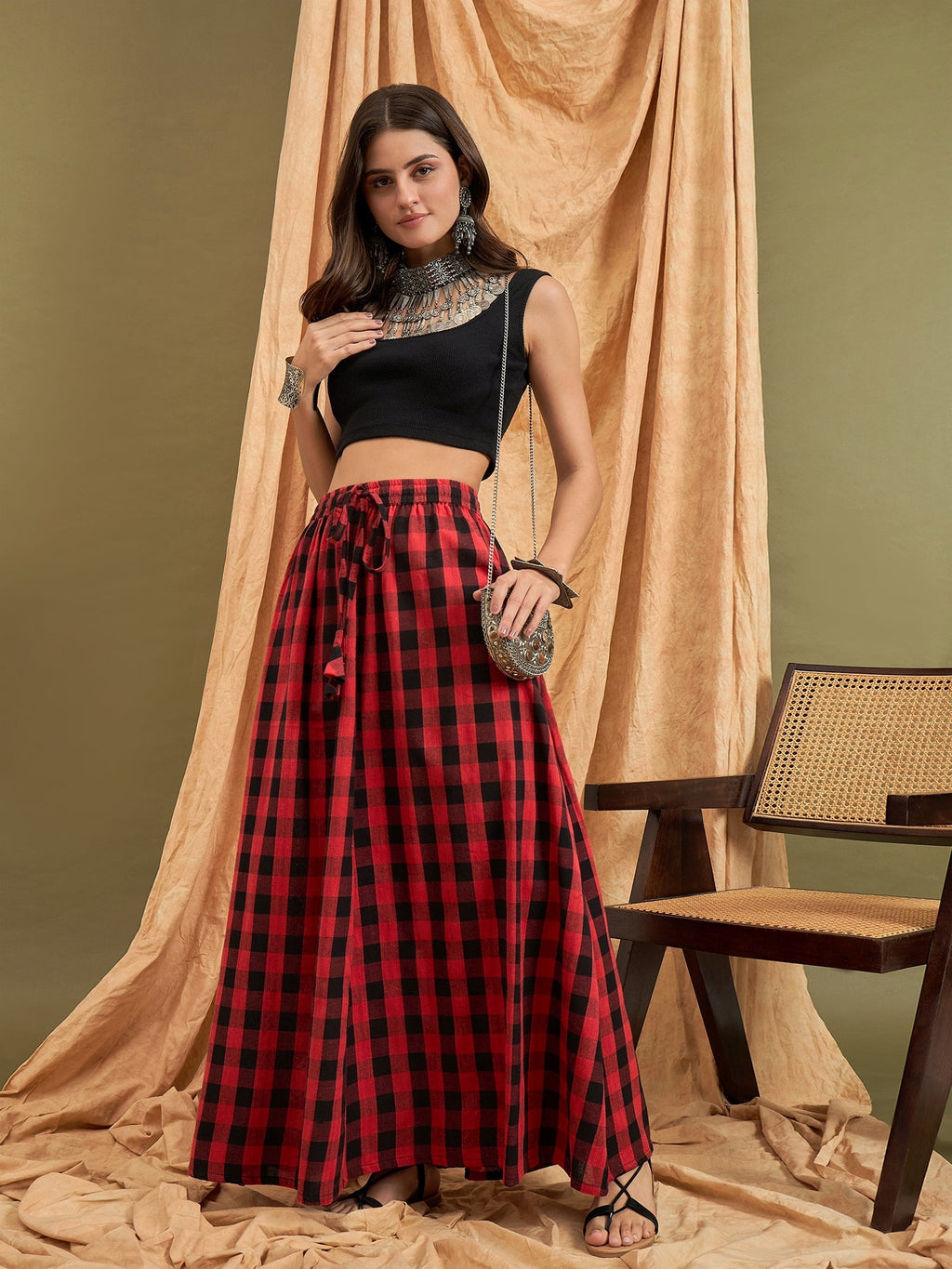 InWeave Black Red Check Skirt | Grocsy