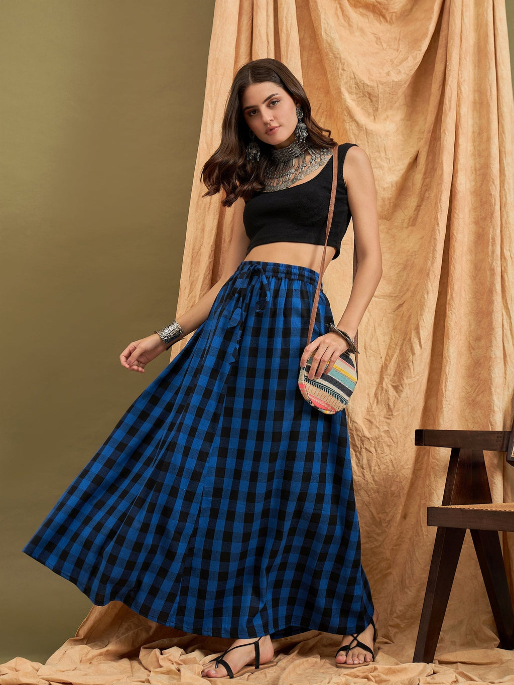 InWeave Ink Blue Black Check Skirt | Grocsy