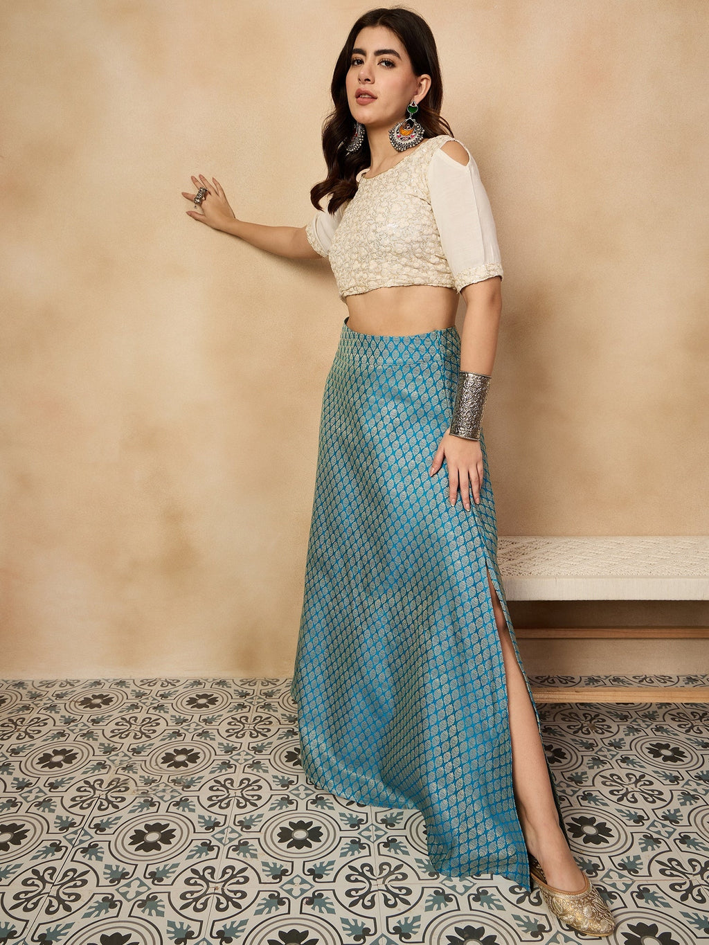 InWeave Maya Blue Brocade Side Slit Skirt | Grocsy