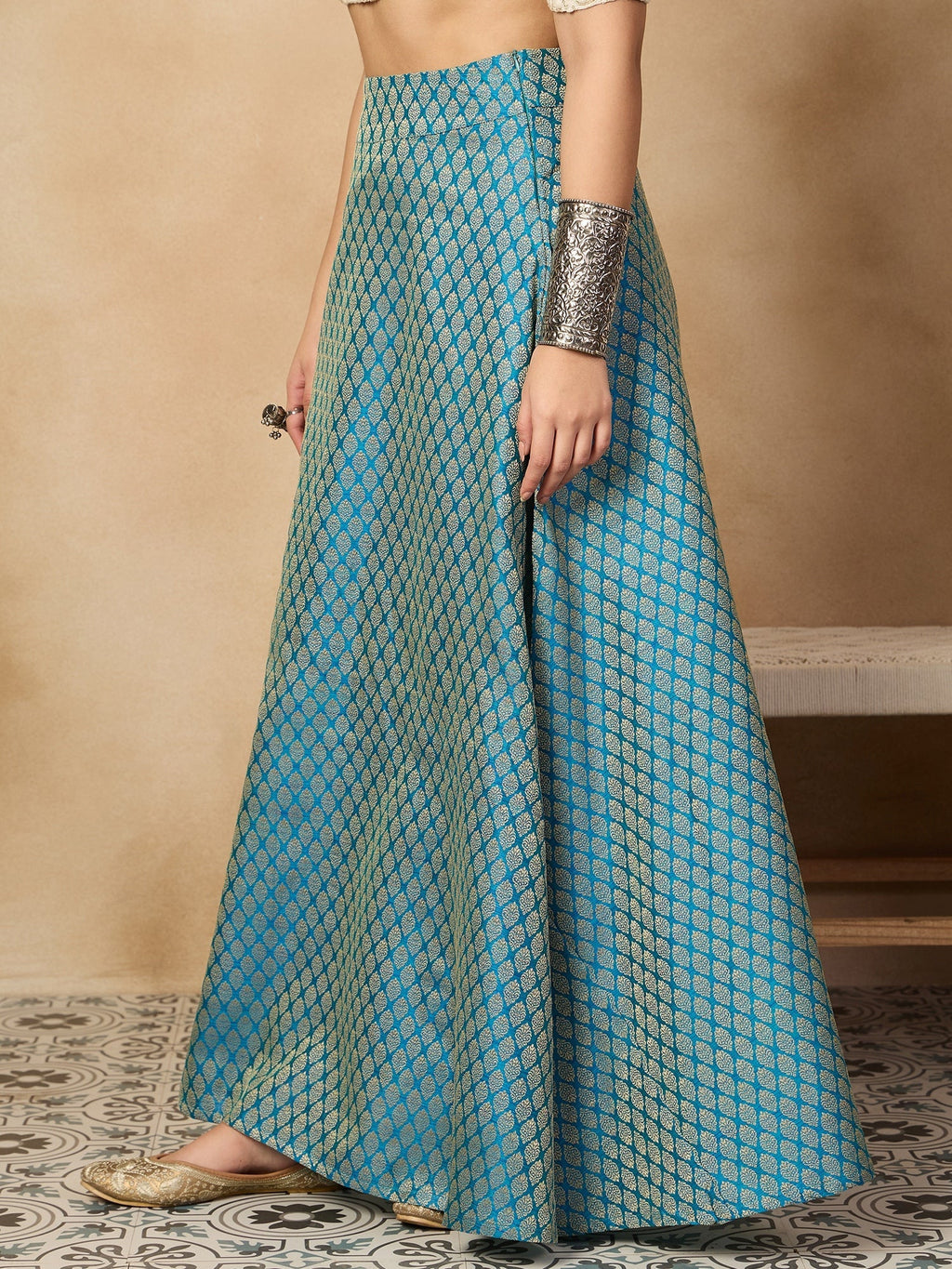 InWeave Maya Blue Brocade Side Slit Skirt | Grocsy