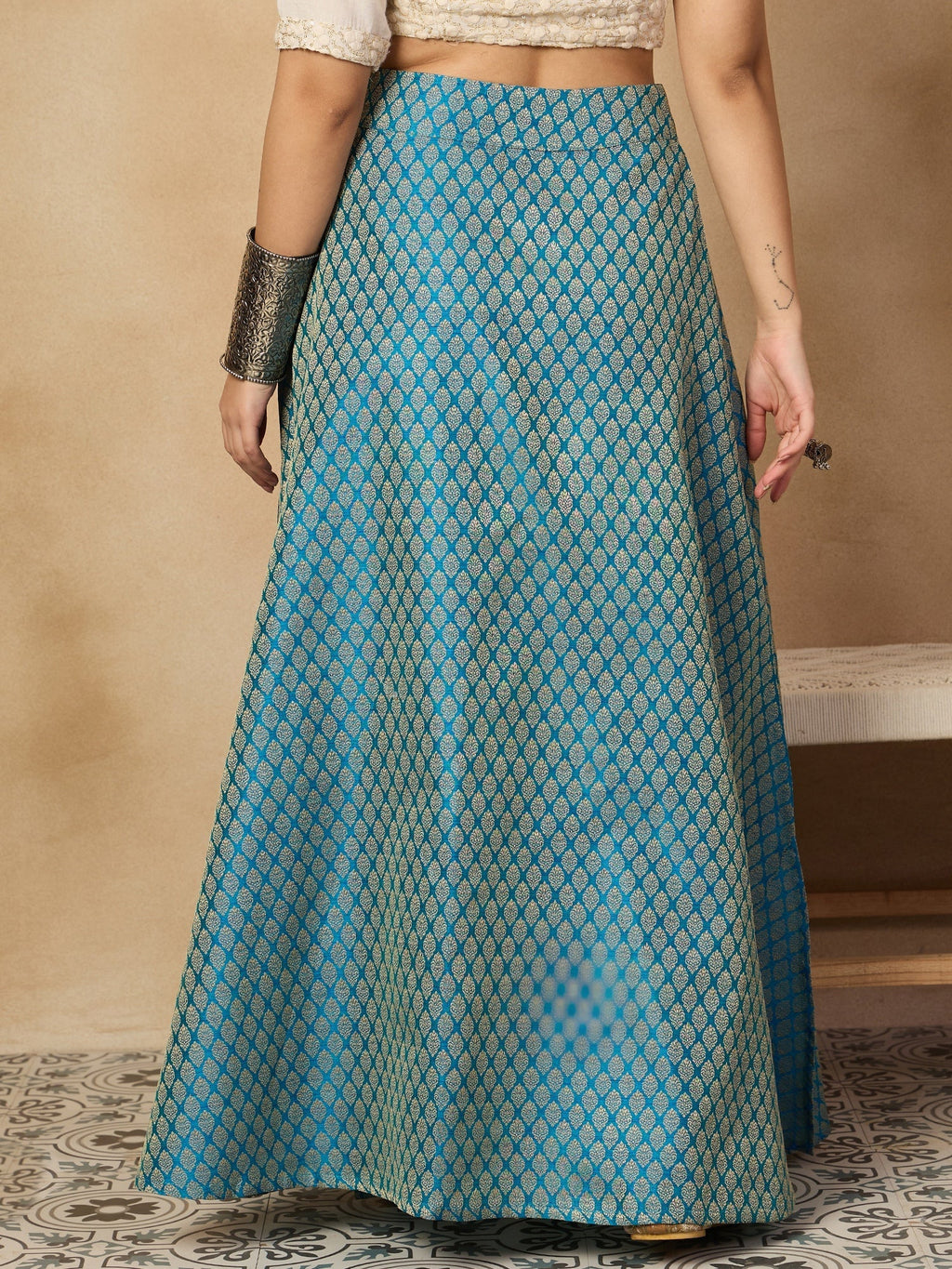 InWeave Maya Blue Brocade Side Slit Skirt | Grocsy