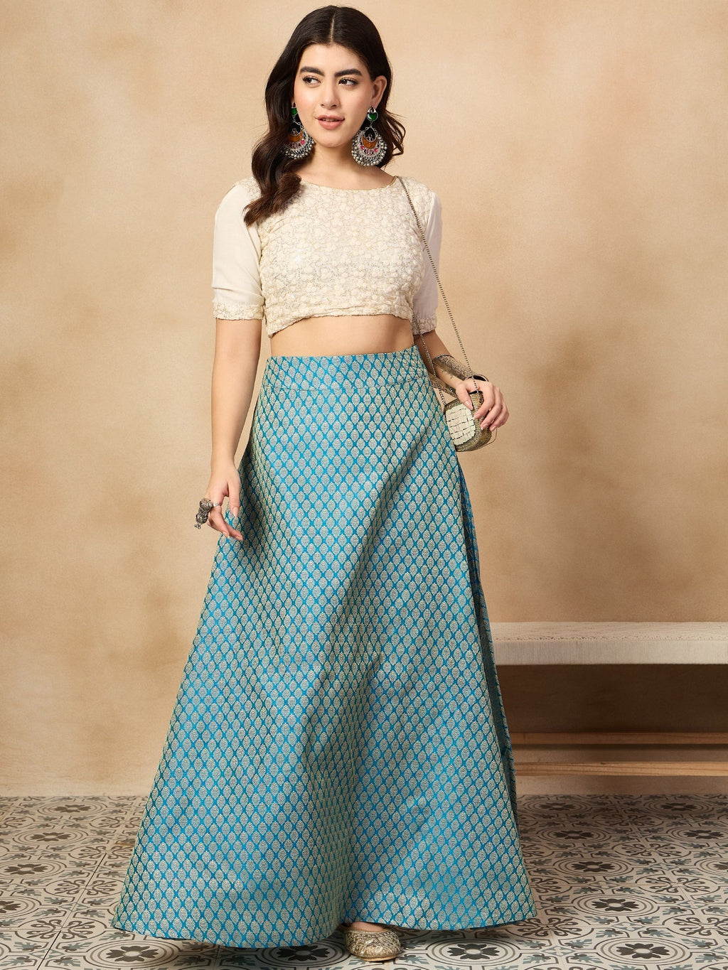 InWeave Maya Blue Brocade Side Slit Skirt | Grocsy