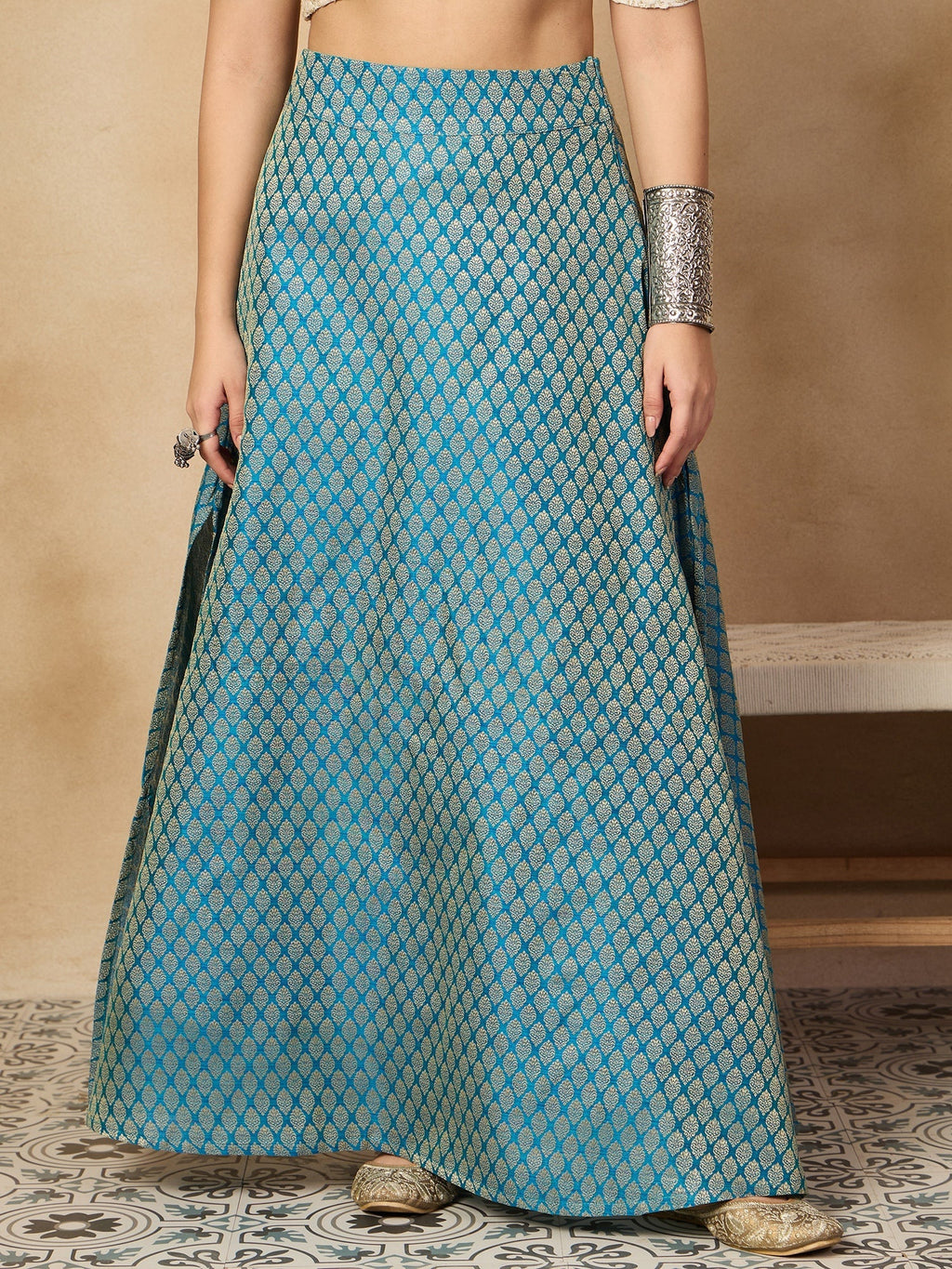 InWeave Maya Blue Brocade Side Slit Skirt | Grocsy