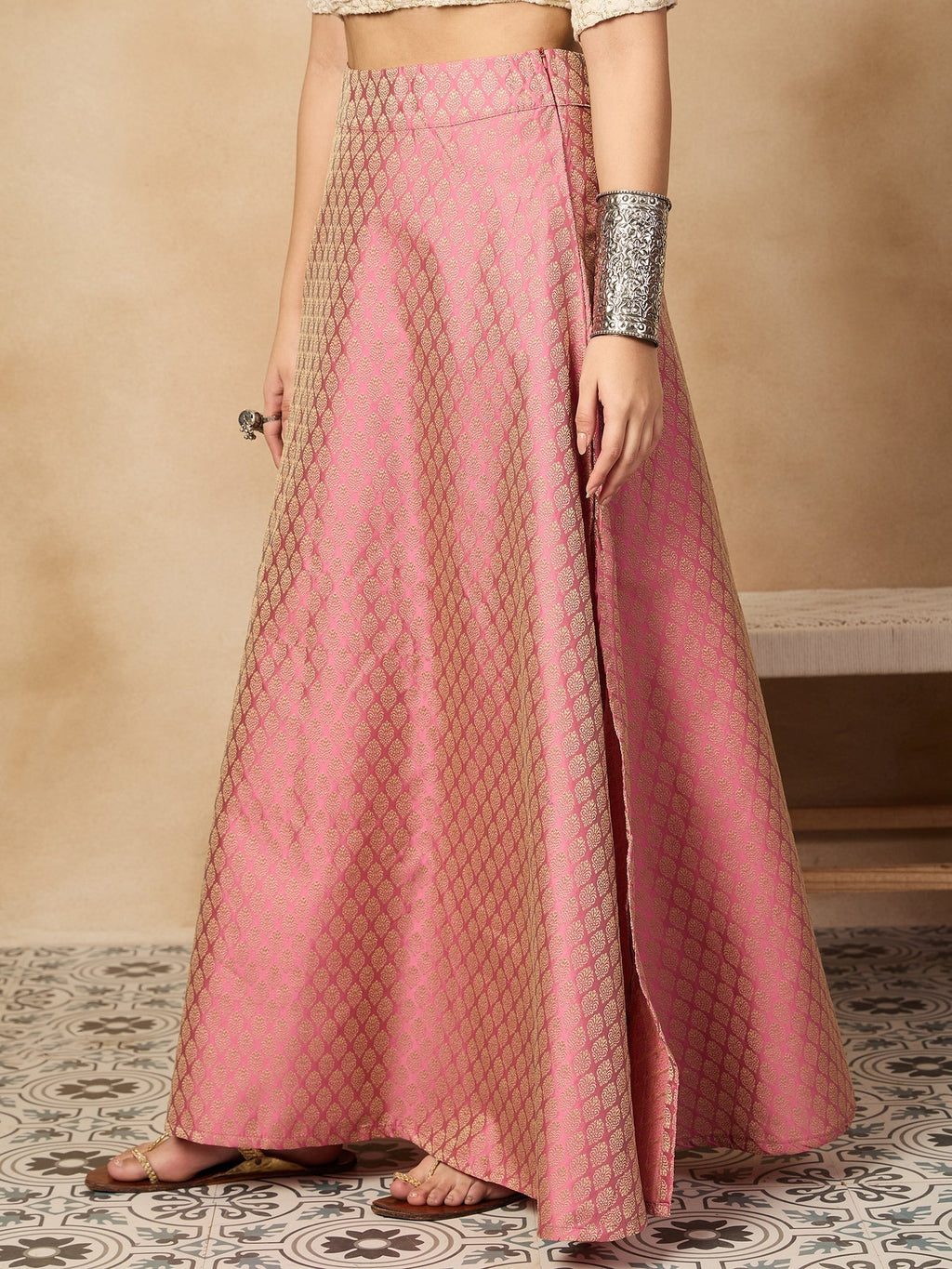 InWeave Light Pink Brocade Side Slit Skirt | Grocsy